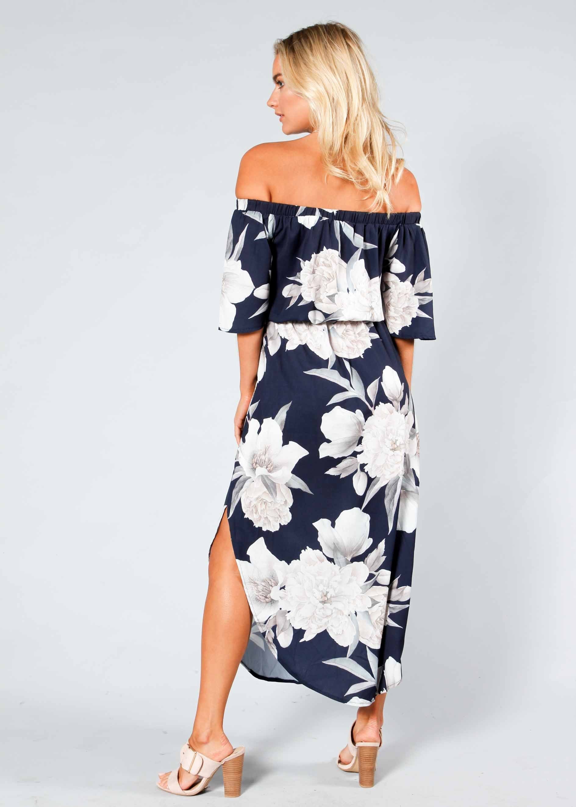 Ember Off Shoulder Midi Dress w/ Tie - Navy Floral