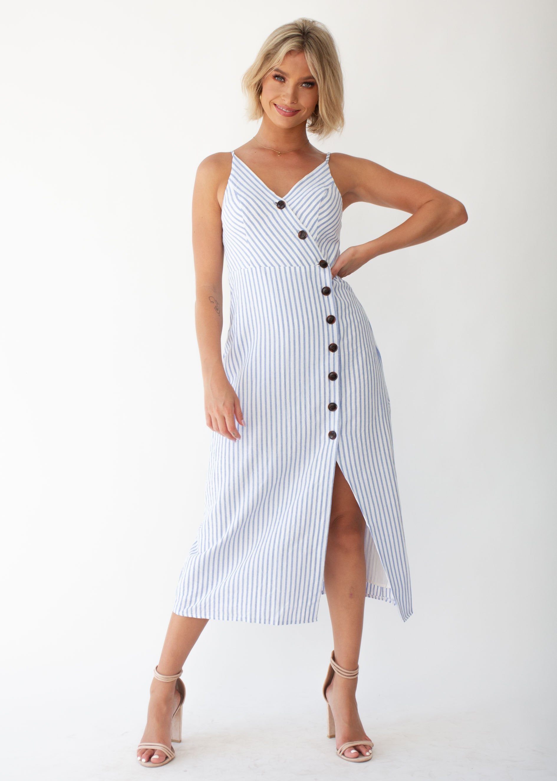 Speechless Cotton Midi Dress - Blue Stripe