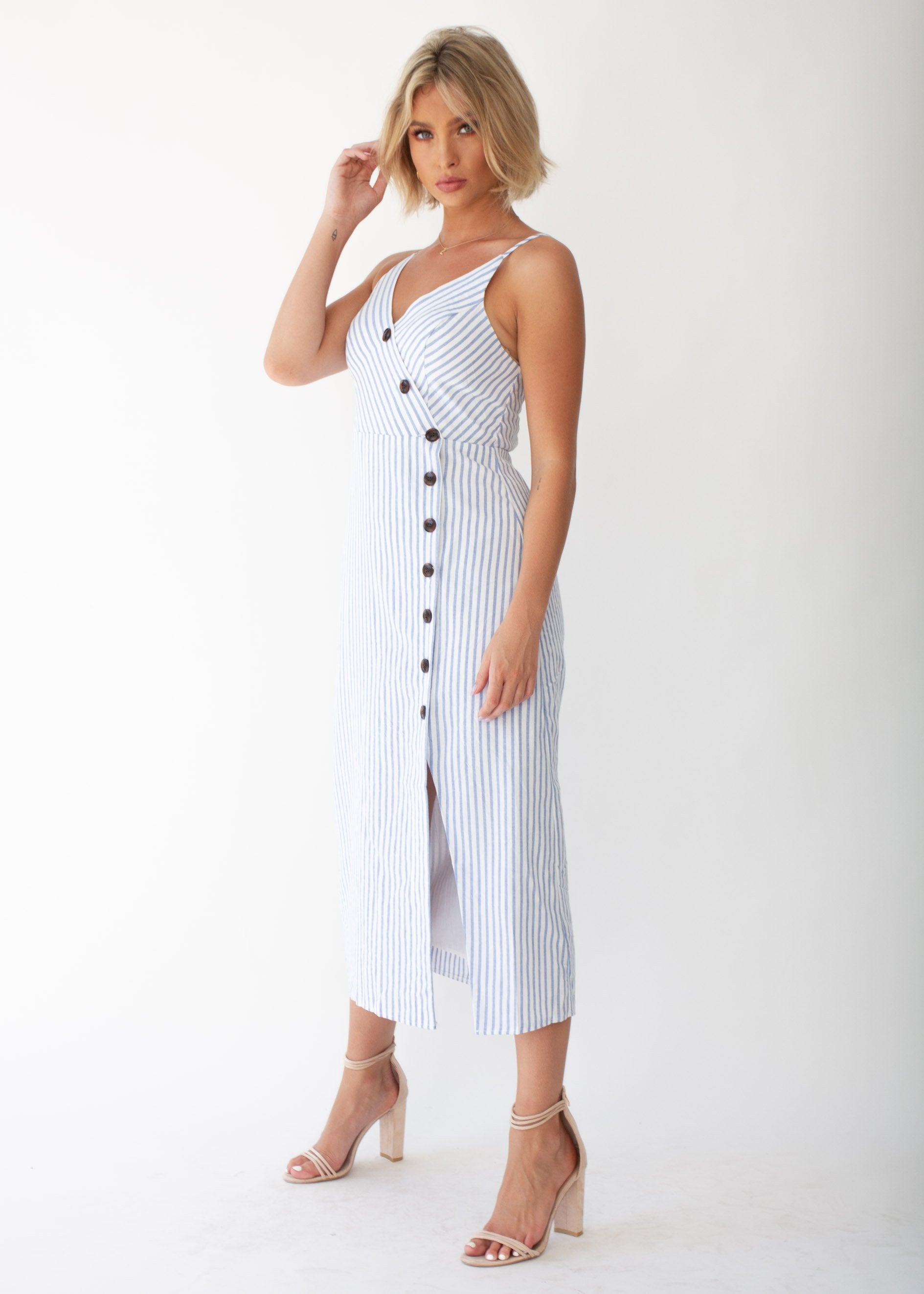 Speechless Cotton Midi Dress - Blue Stripe