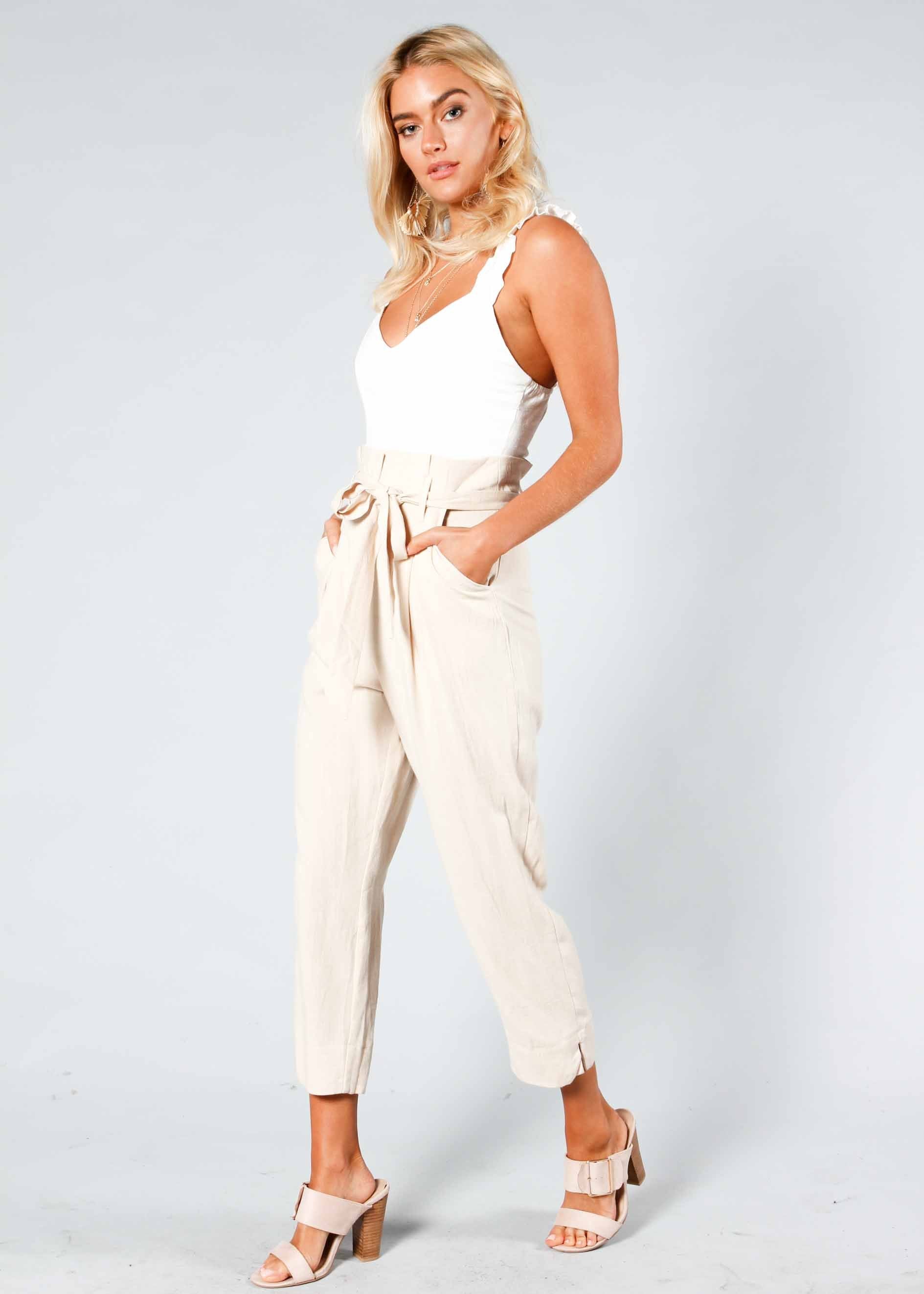 High Stakes Pantsuit w/ Tie - Nude/White