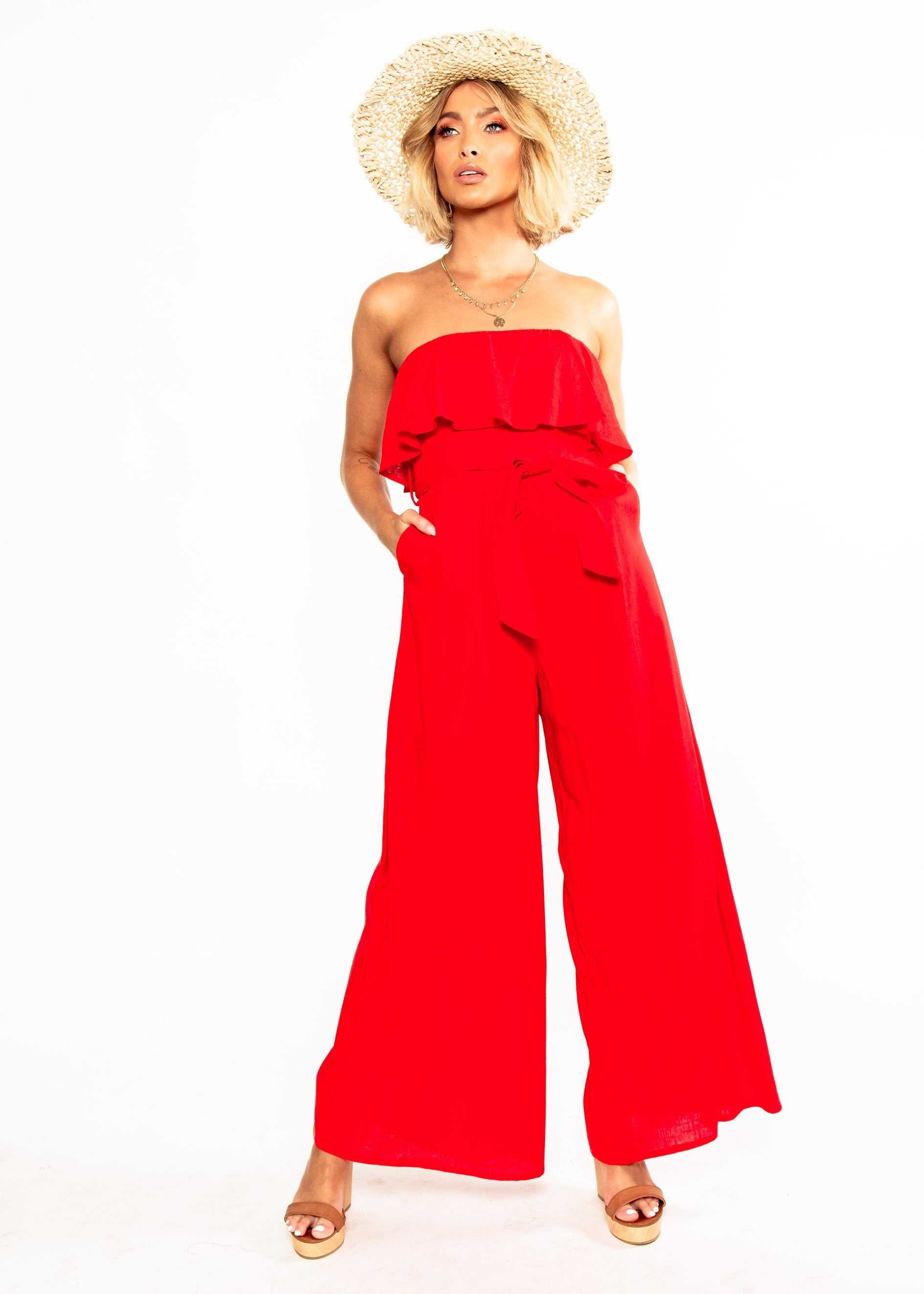 Joslyn Strapless Pantsuit w/ Tie - Red