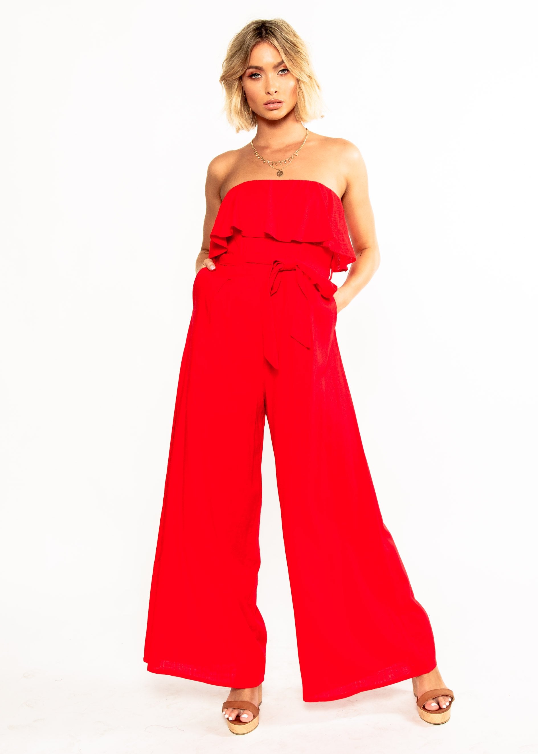 Joslyn Strapless Pantsuit w/ Tie - Red