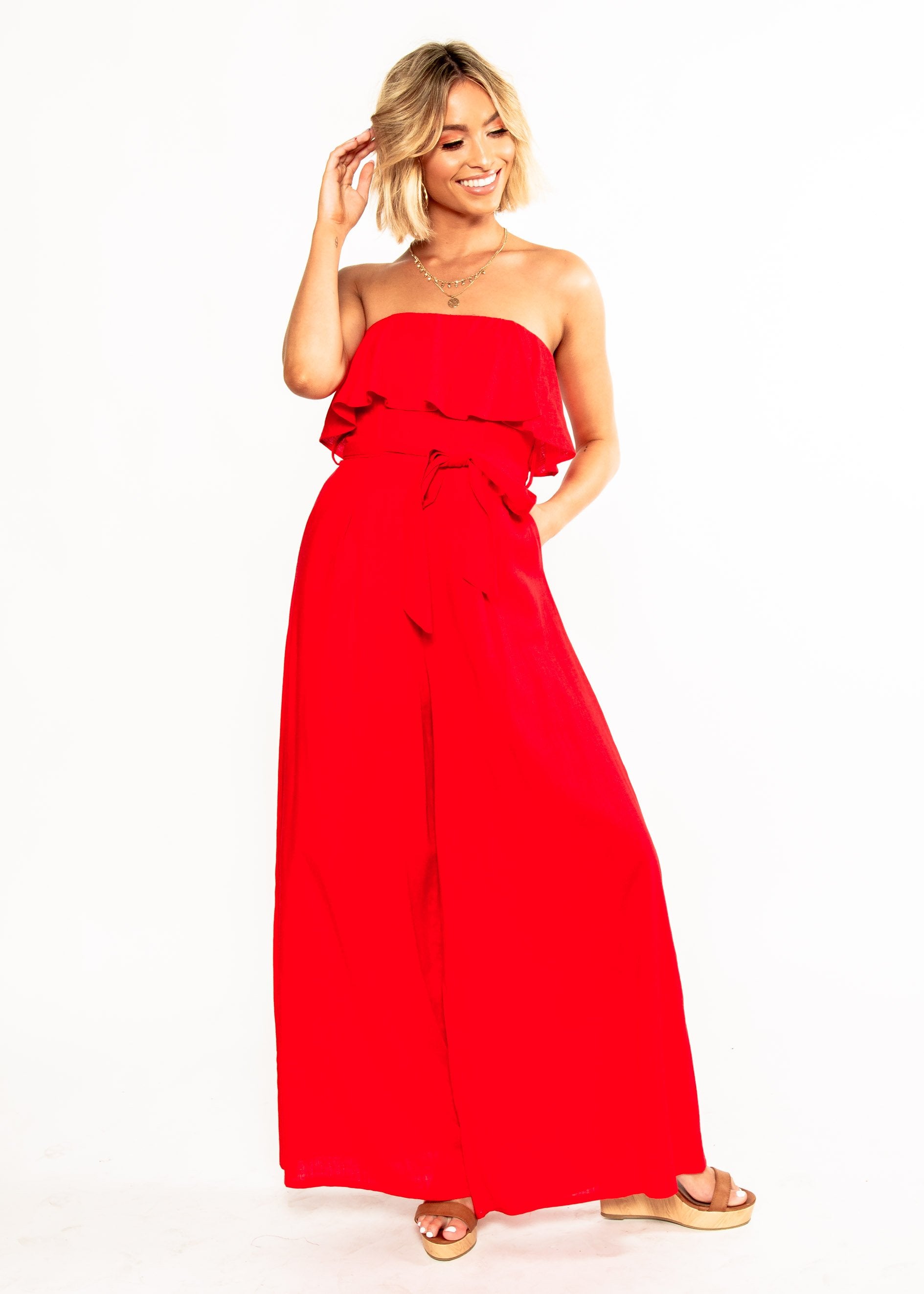 Joslyn Strapless Pantsuit w/ Tie - Red