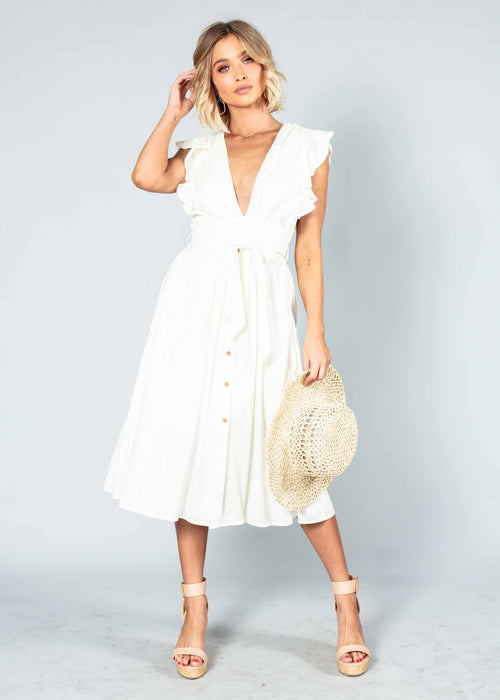 Raegan Linen Midi Dress w/ Tie - White