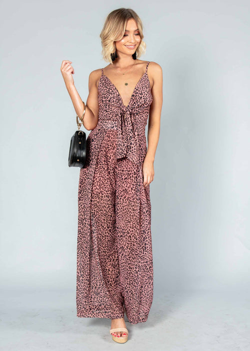 Baylee Tie Pantsuit - Dark Rose Leopard