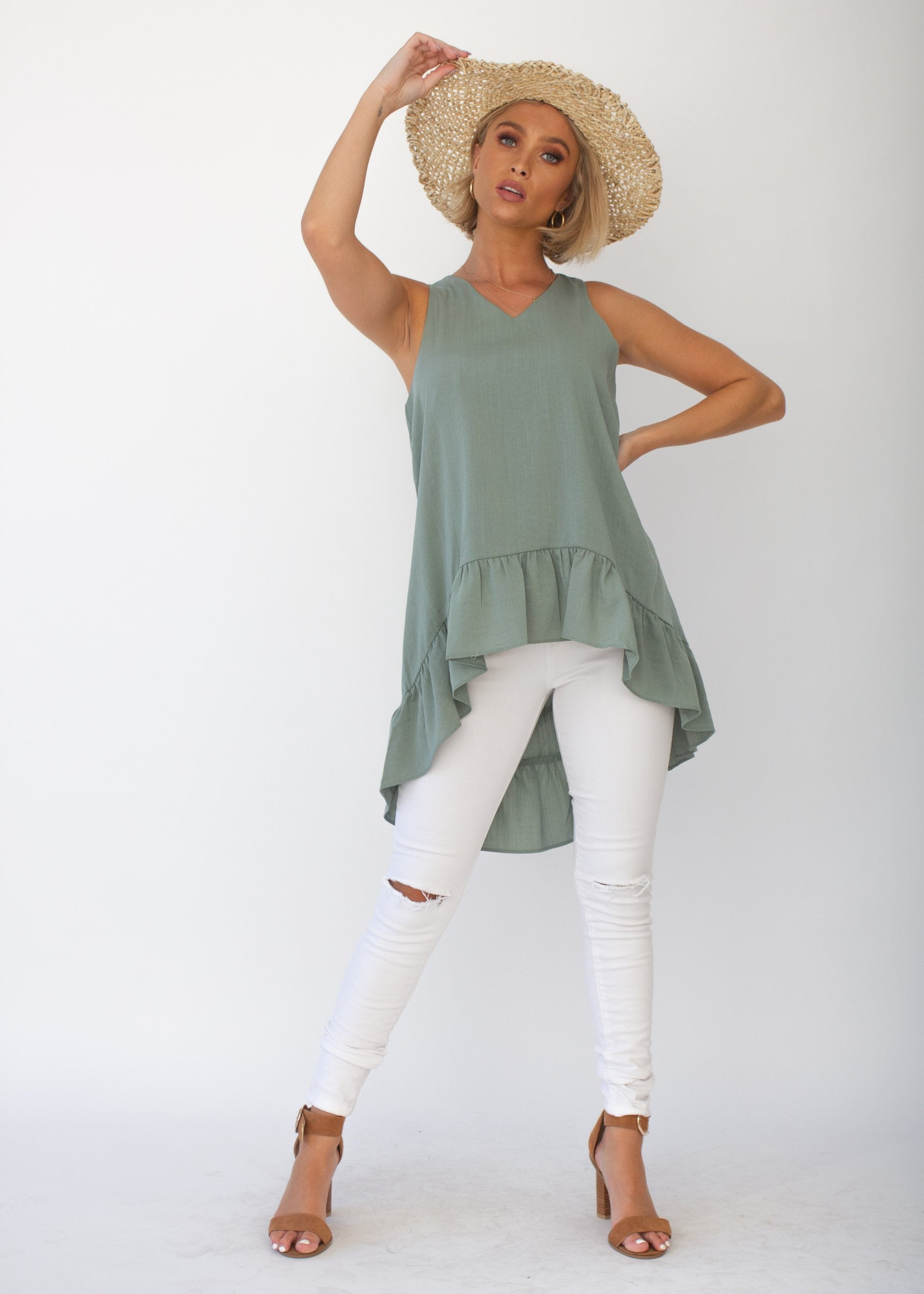 Chicago Hi-Lo Sleeveless Top - Khaki