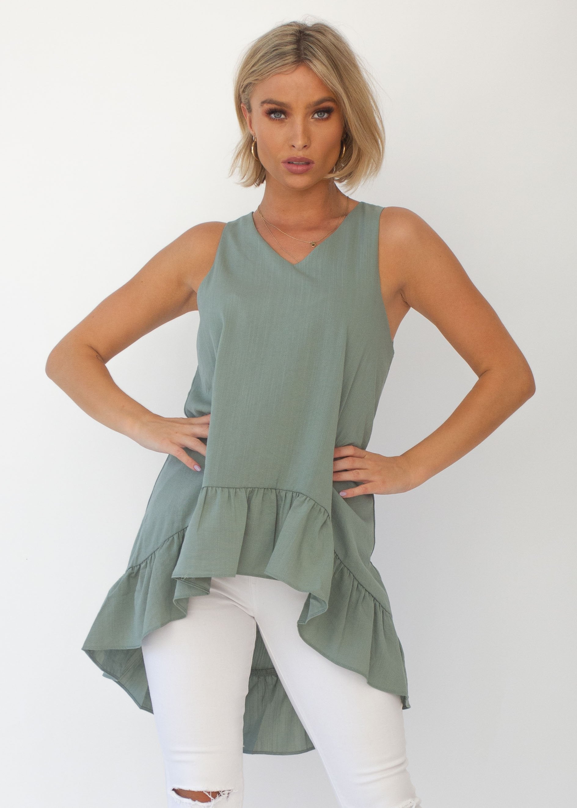 Chicago Hi-Lo Sleeveless Top - Khaki