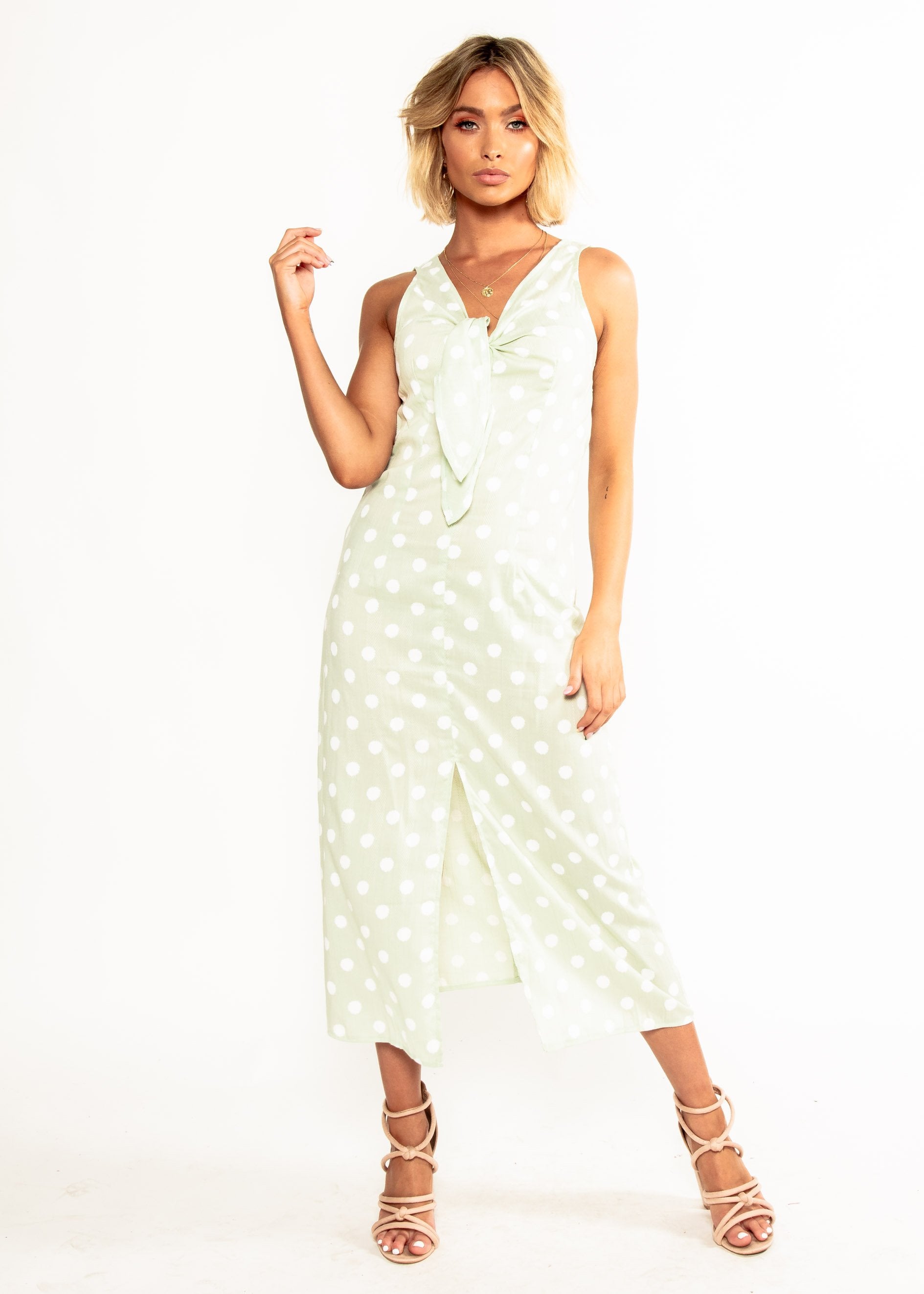 One Of a Kind Midi Dress - Mint Polka