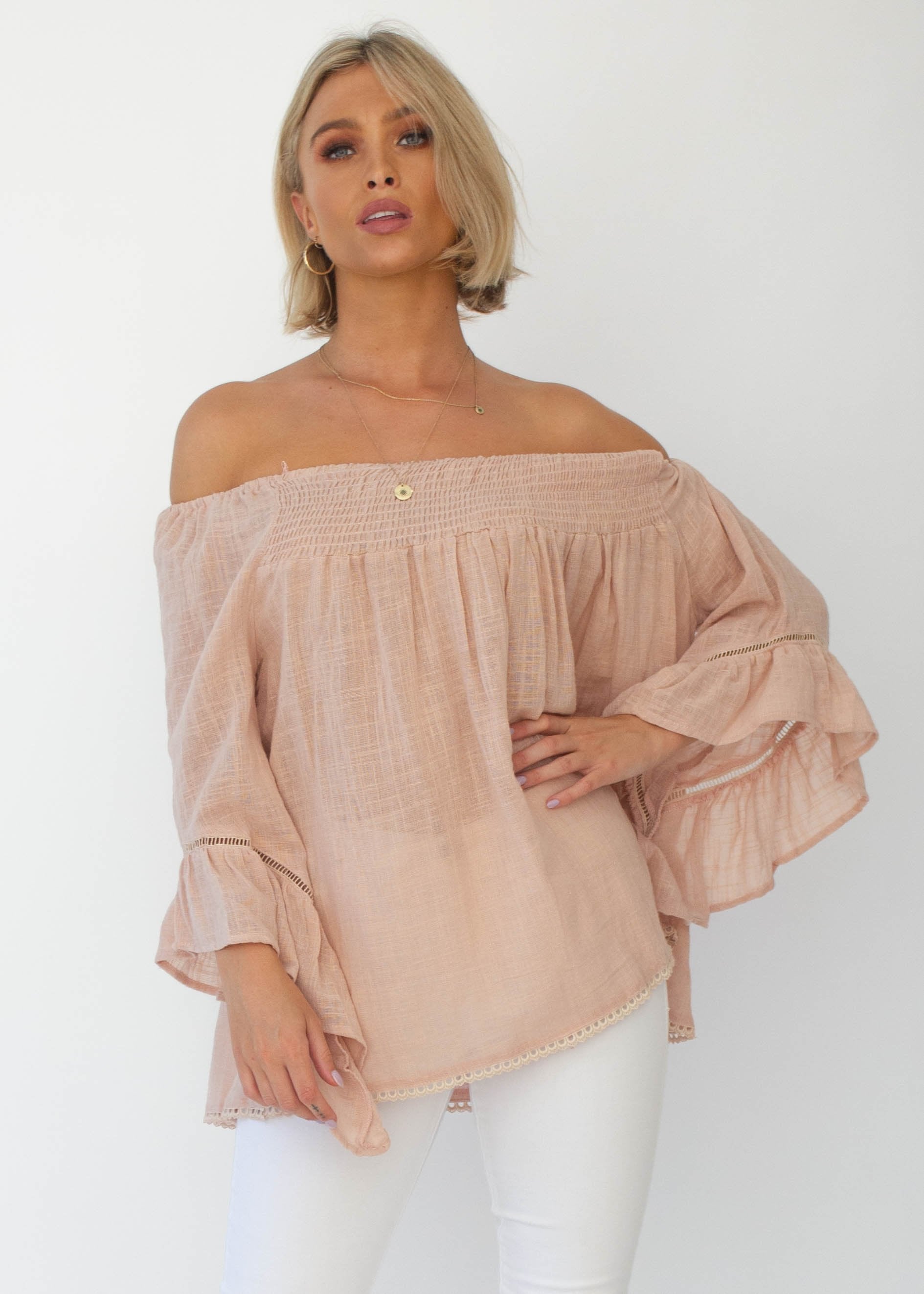 Sugar Night Off Shoulder Top - Sheer Blush