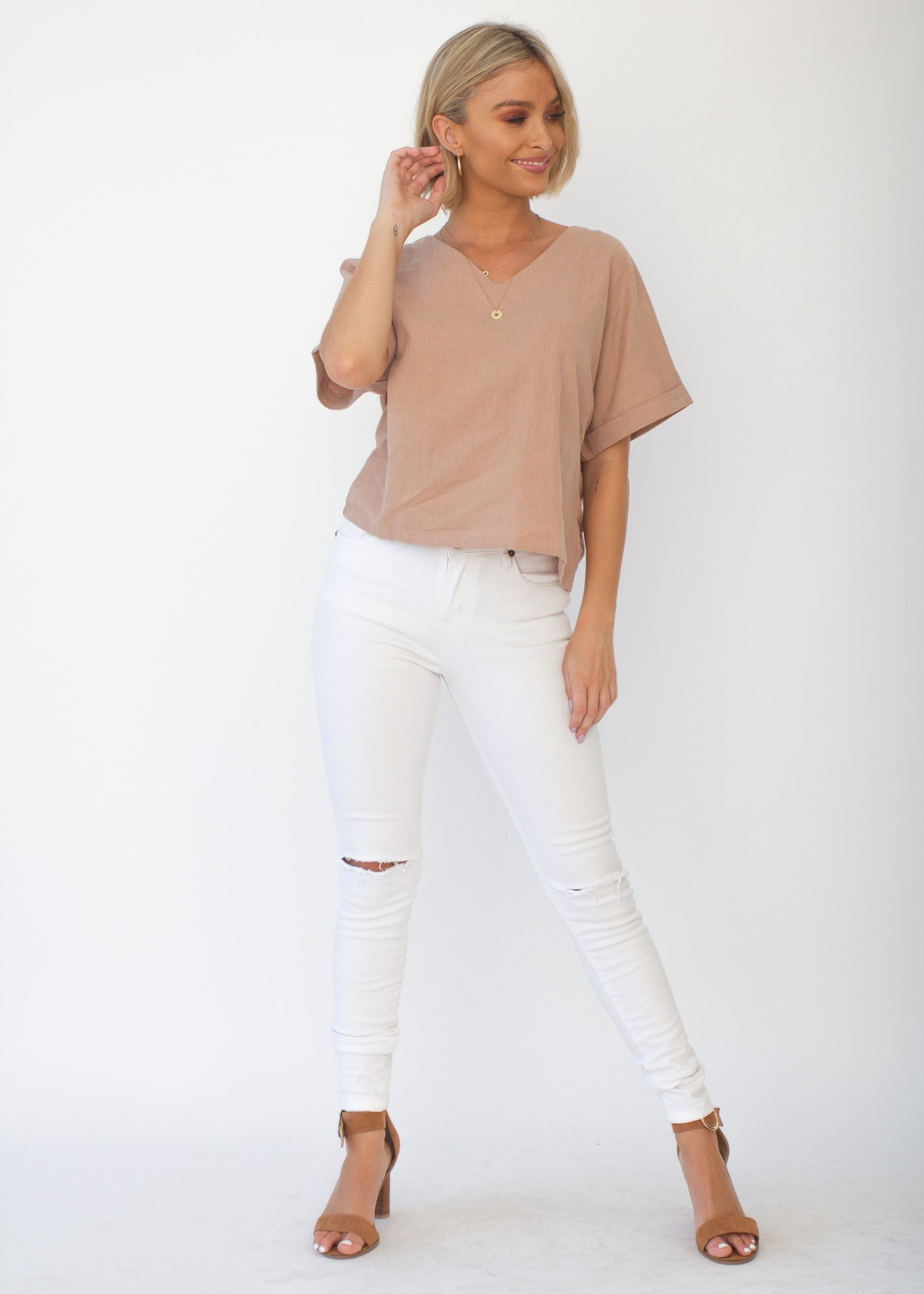 Samara Linen-Blend Tee - Mocha