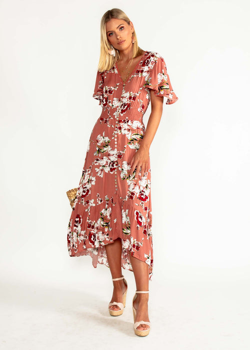 Leaving California Midi Dress - Rose Floral