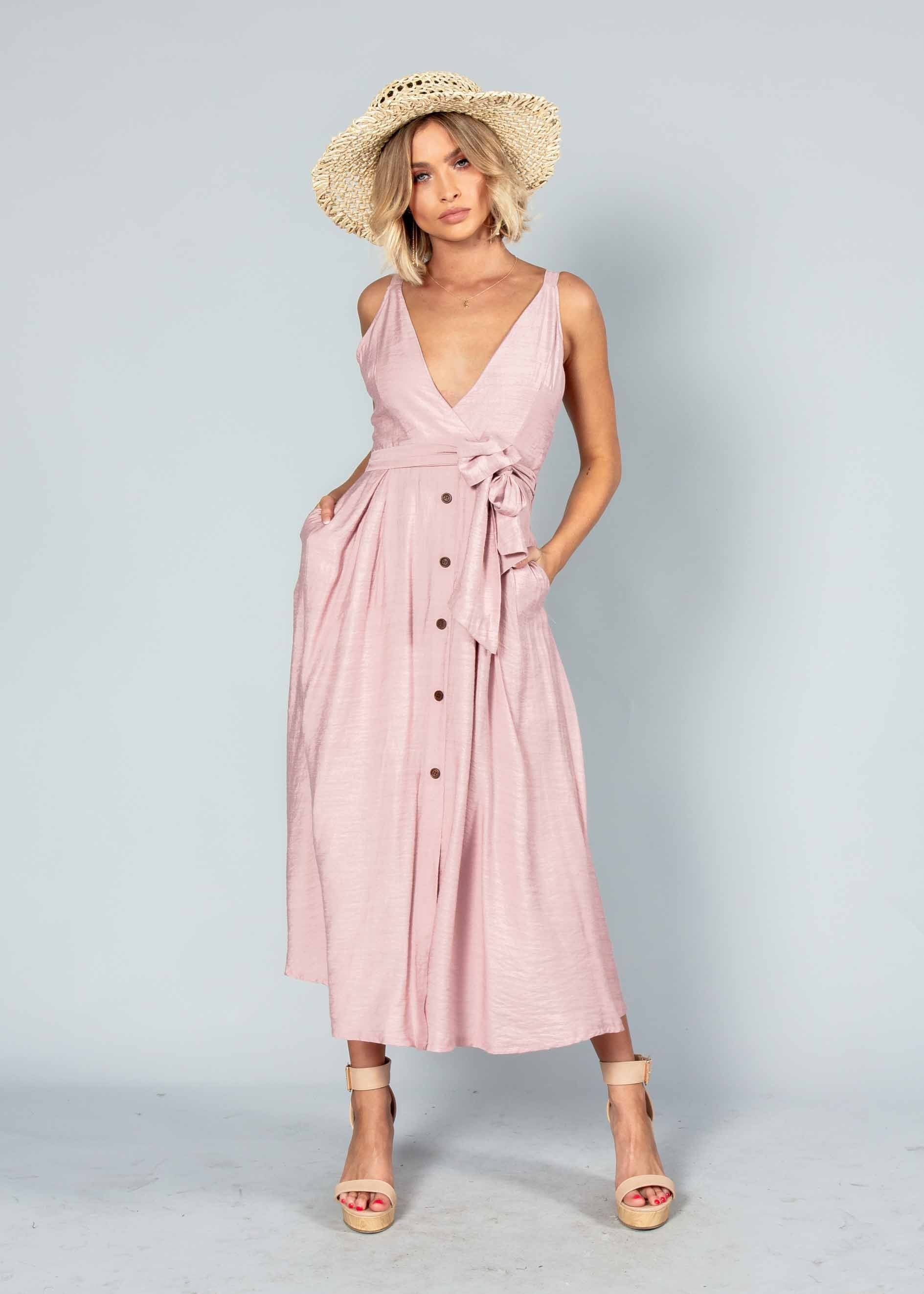 Misty Morning Midi Dress w/ Tie - Blush