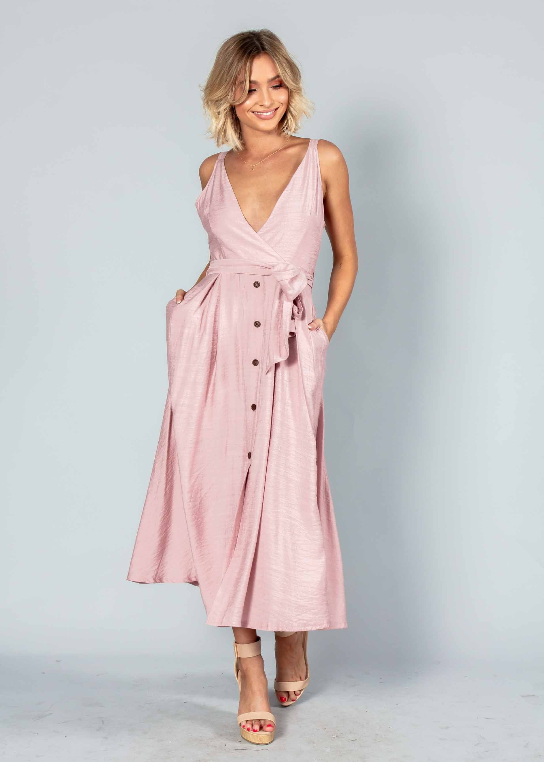 Misty Morning Midi Dress w/ Tie - Blush