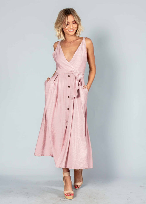 Misty Morning Midi Dress w/ Tie - Blush