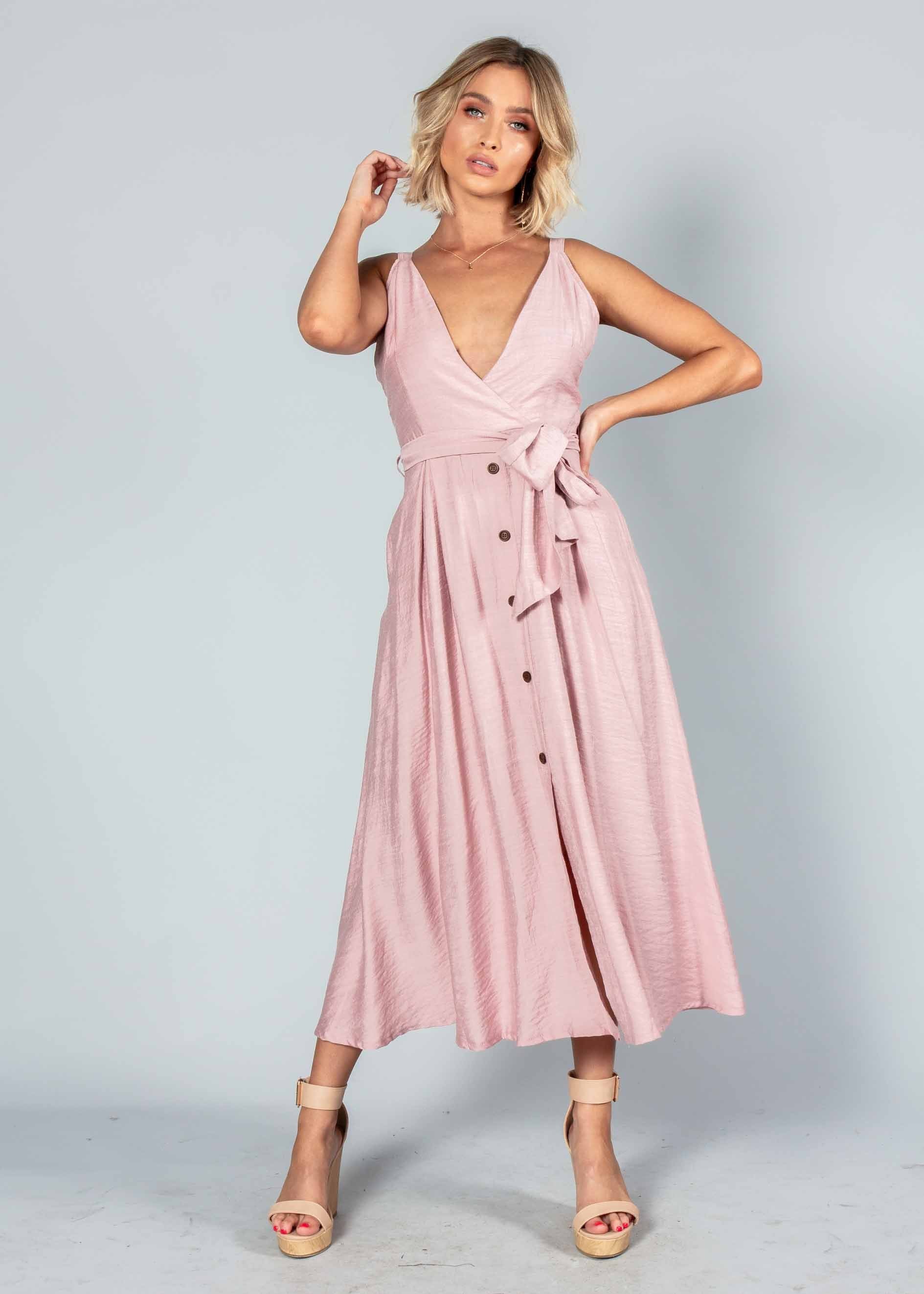 Misty Morning Midi Dress w/ Tie - Blush