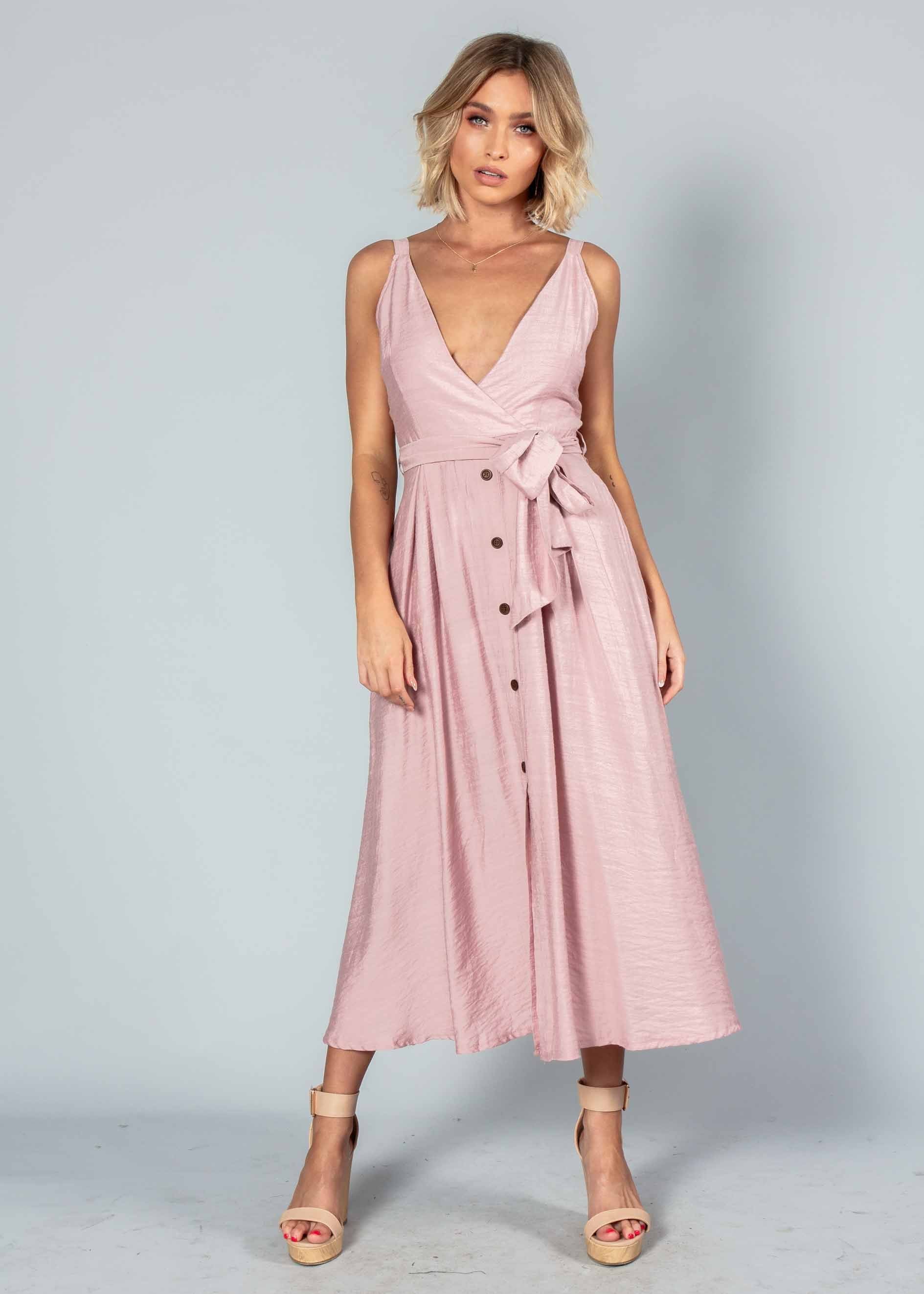 Misty Morning Midi Dress w/ Tie - Blush