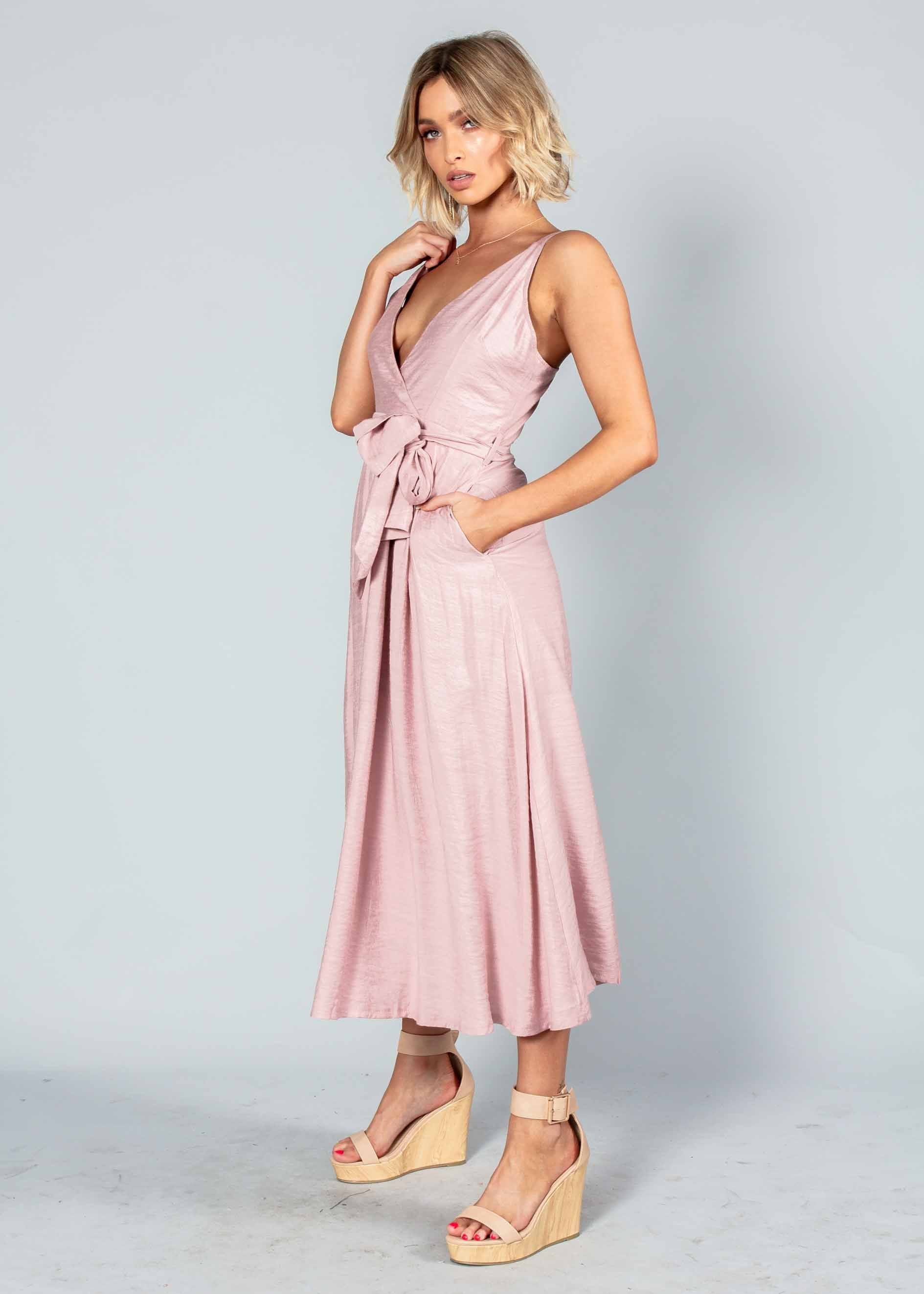 Misty Morning Midi Dress w/ Tie - Blush