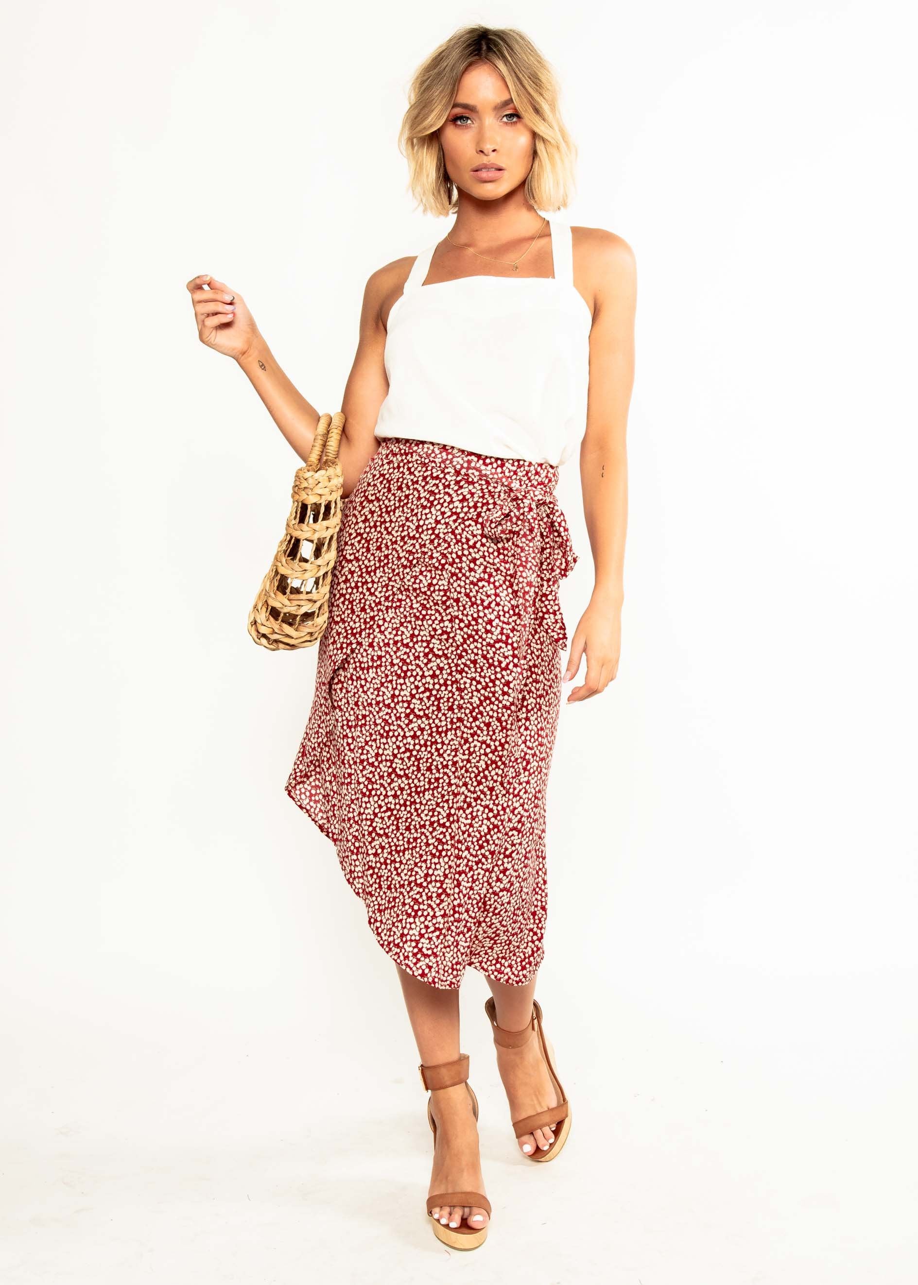 Bold Love Midi Wrap Skirt - Red Floral