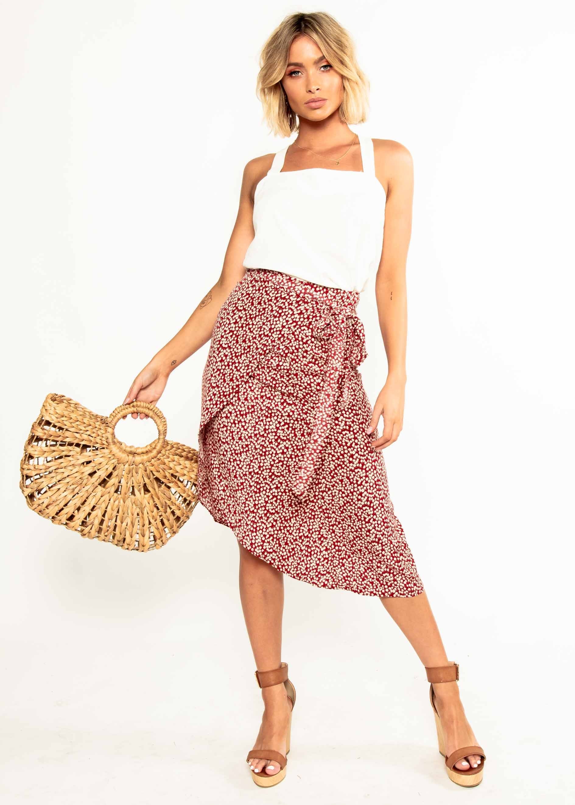 Bold Love Midi Wrap Skirt - Red Floral