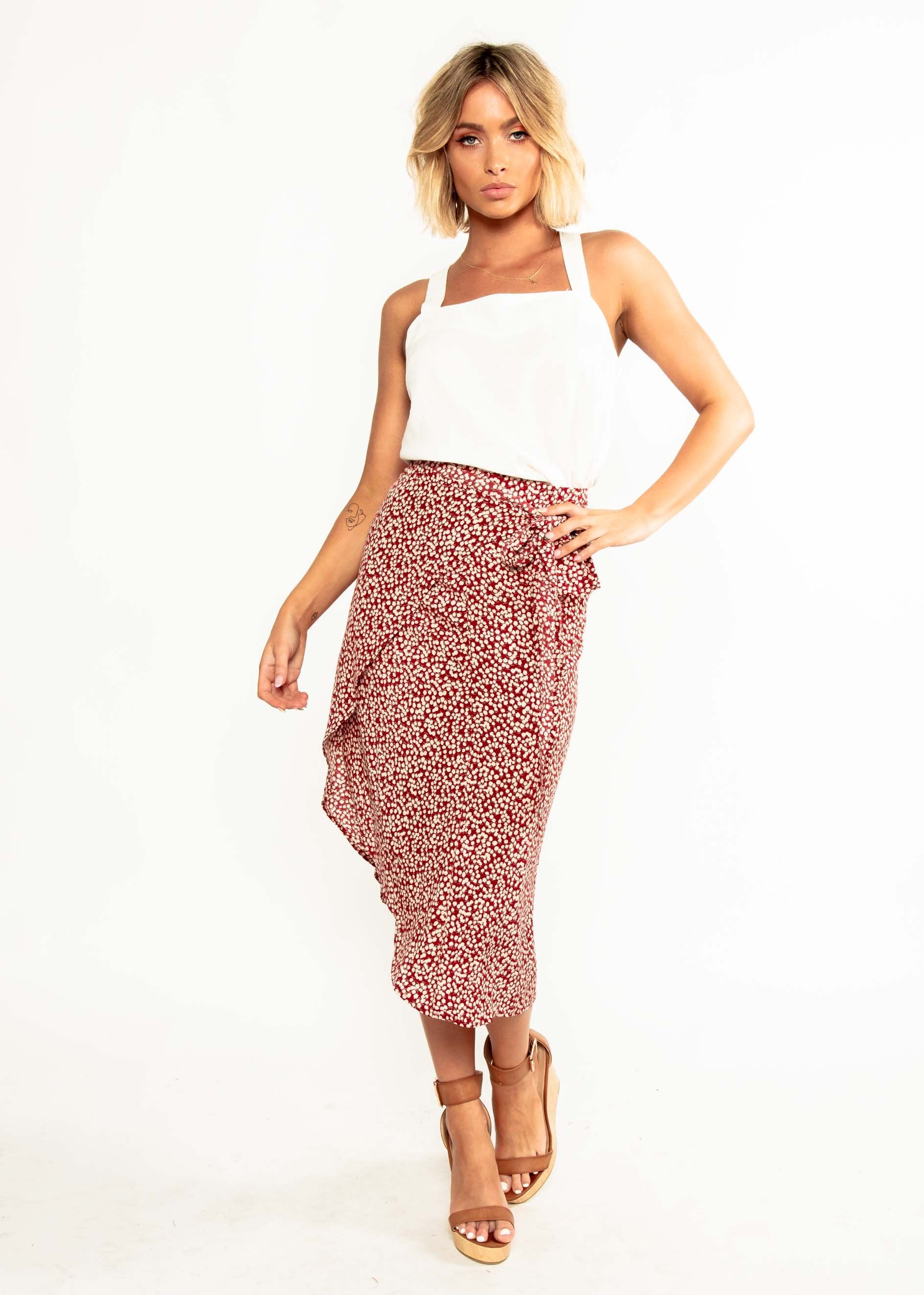 Bold Love Midi Wrap Skirt - Red Floral
