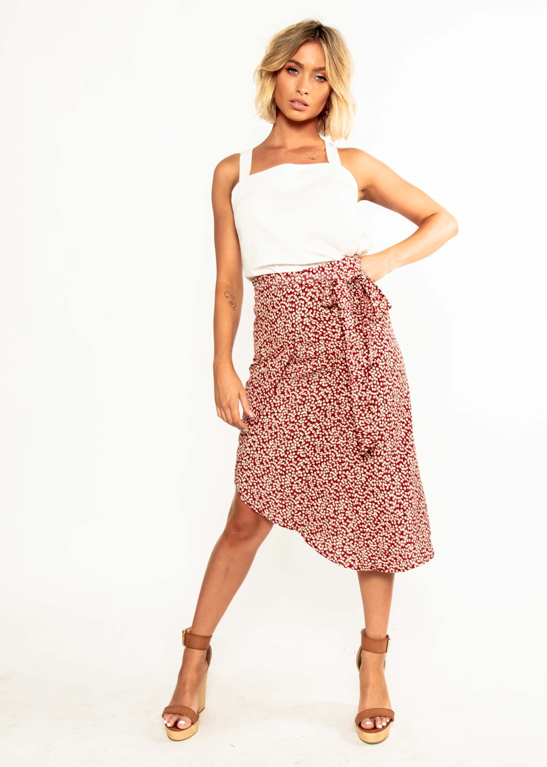 Bold Love Midi Wrap Skirt - Red Floral