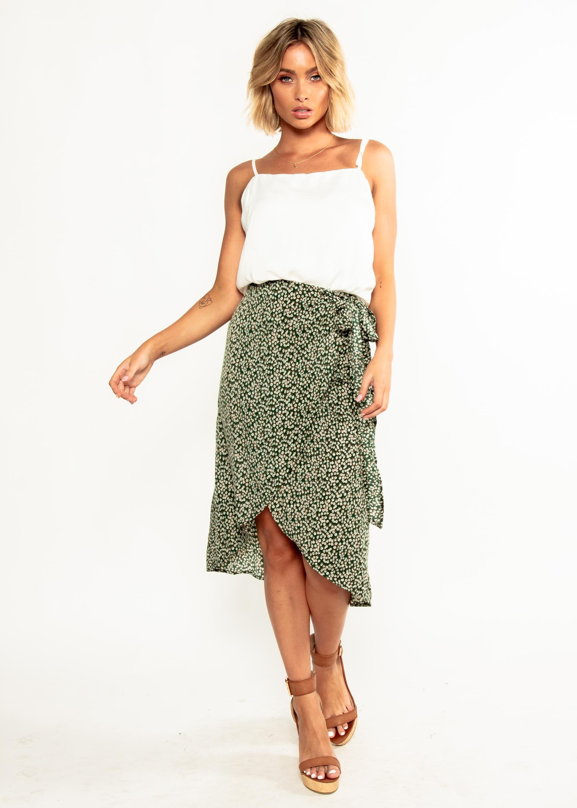Bold Love Midi Wrap Skirt - Green Floral