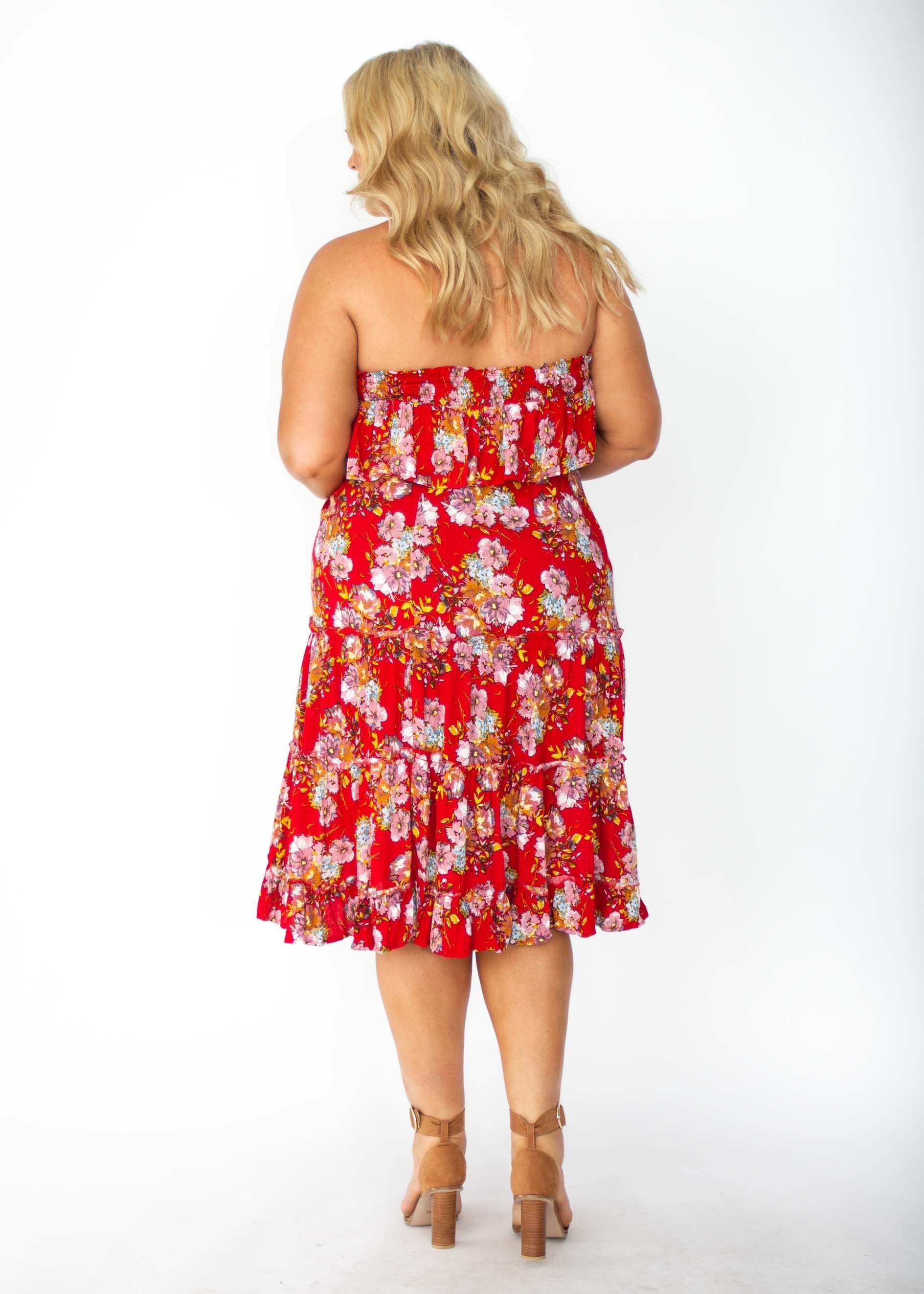 Emery Strapless Midi Dress - Red Floral