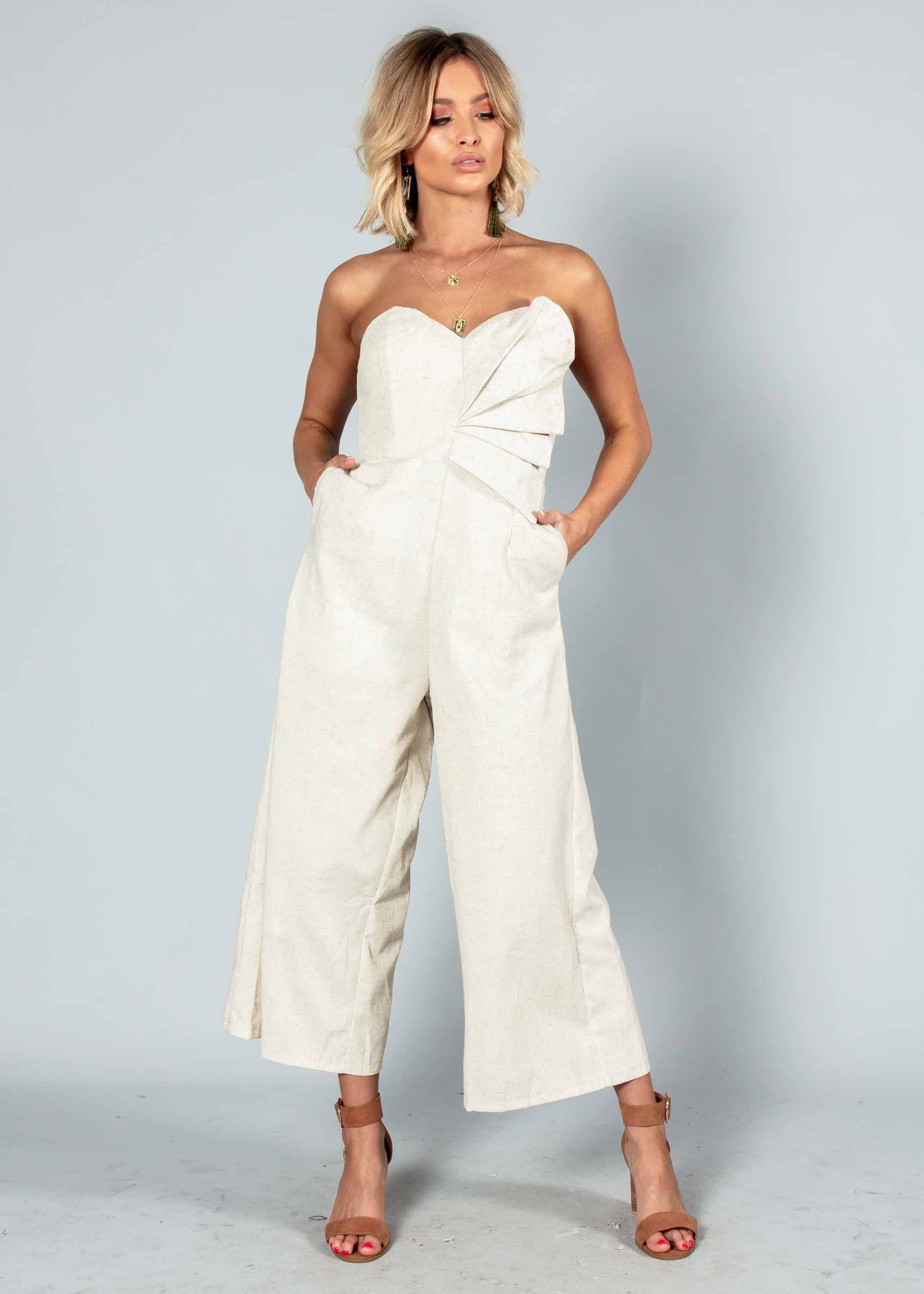 Rapid Fire Linen Strapless Pantsuit - Natural