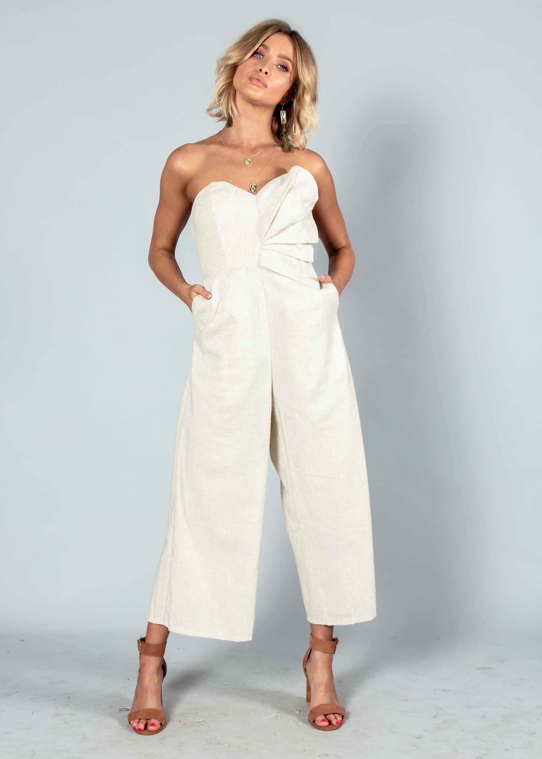 Rapid Fire Linen Strapless Pantsuit - Natural