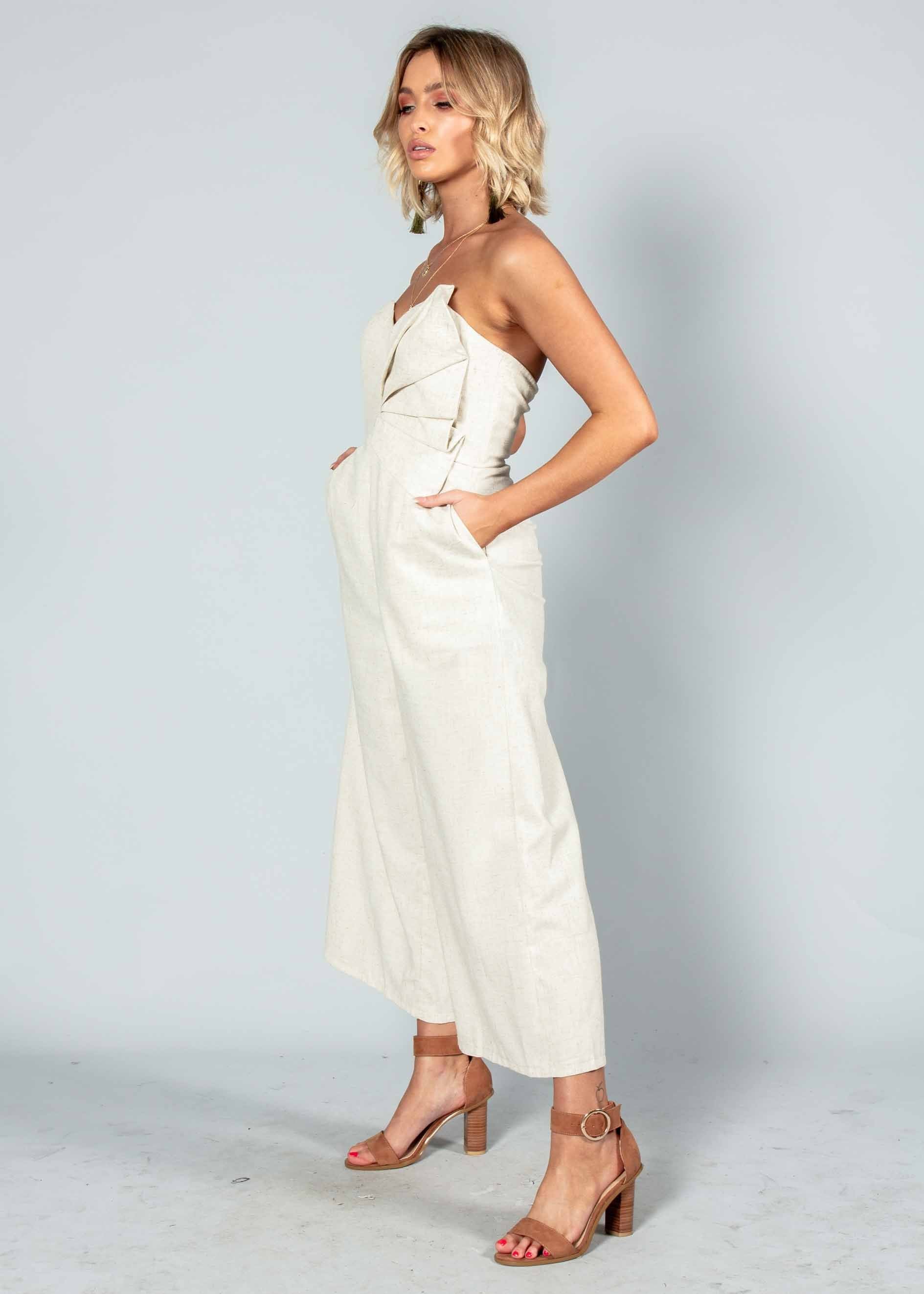 Rapid Fire Linen Strapless Pantsuit - Natural