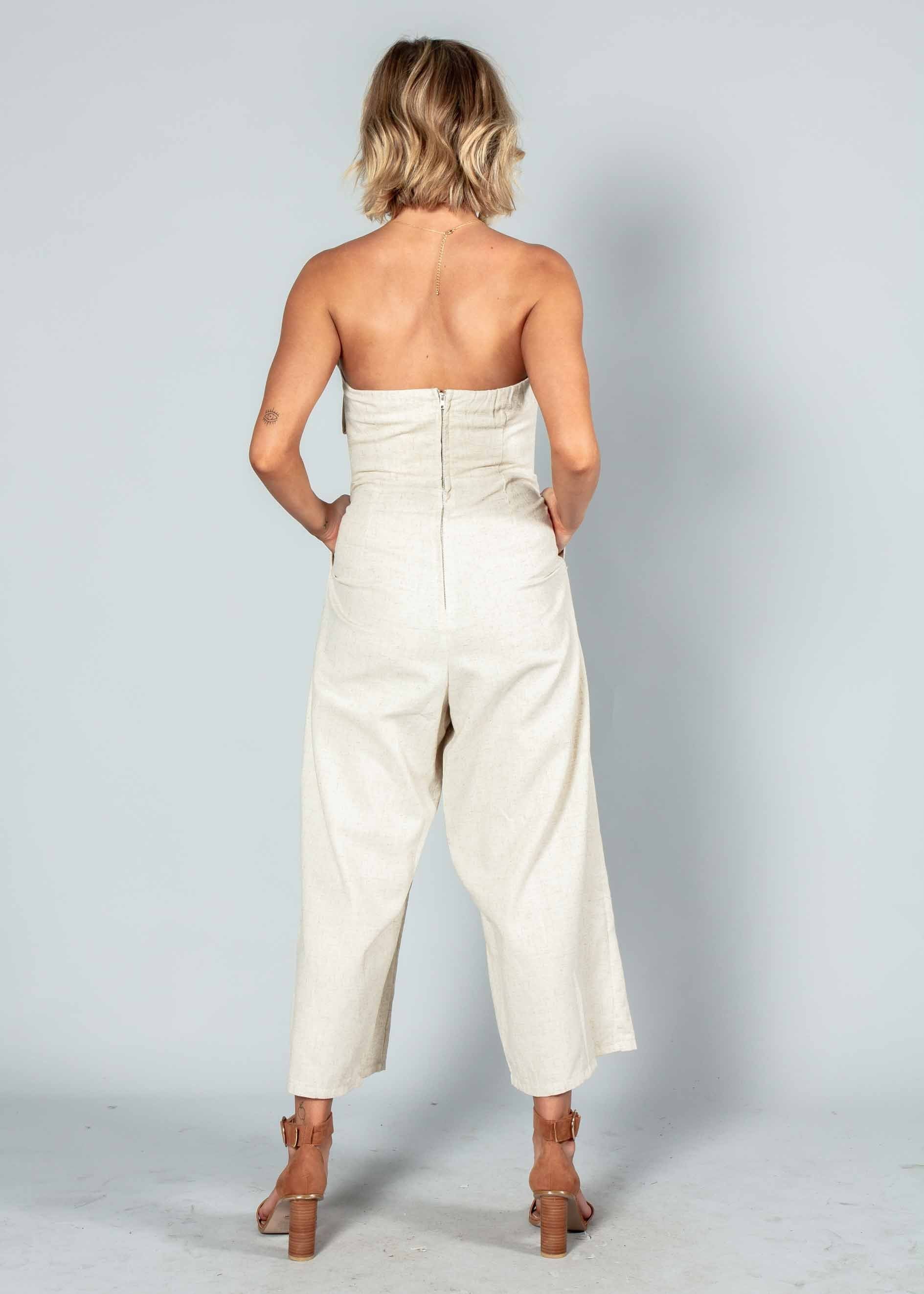 Rapid Fire Linen Strapless Pantsuit - Natural