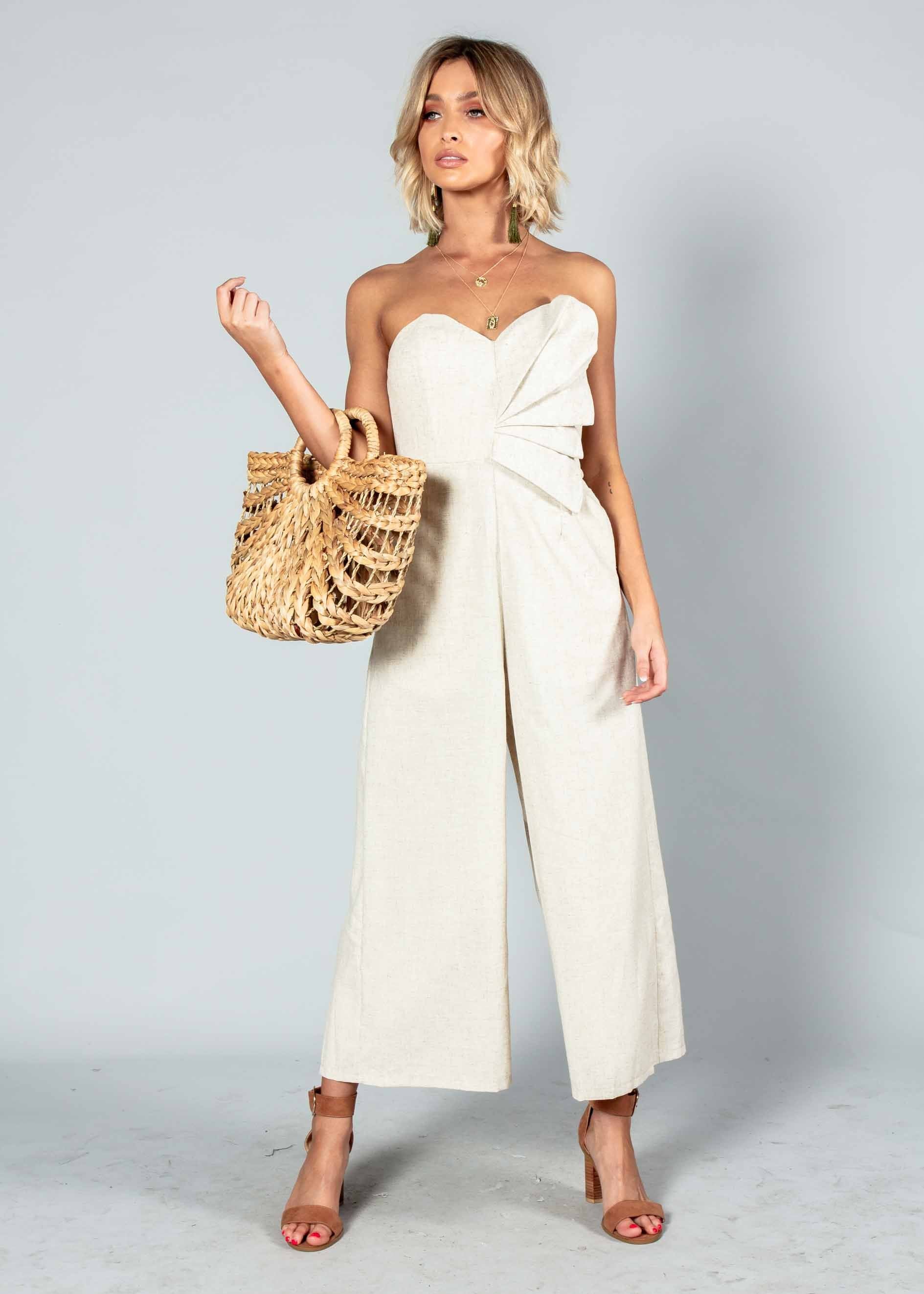 Rapid Fire Linen Strapless Pantsuit - Natural