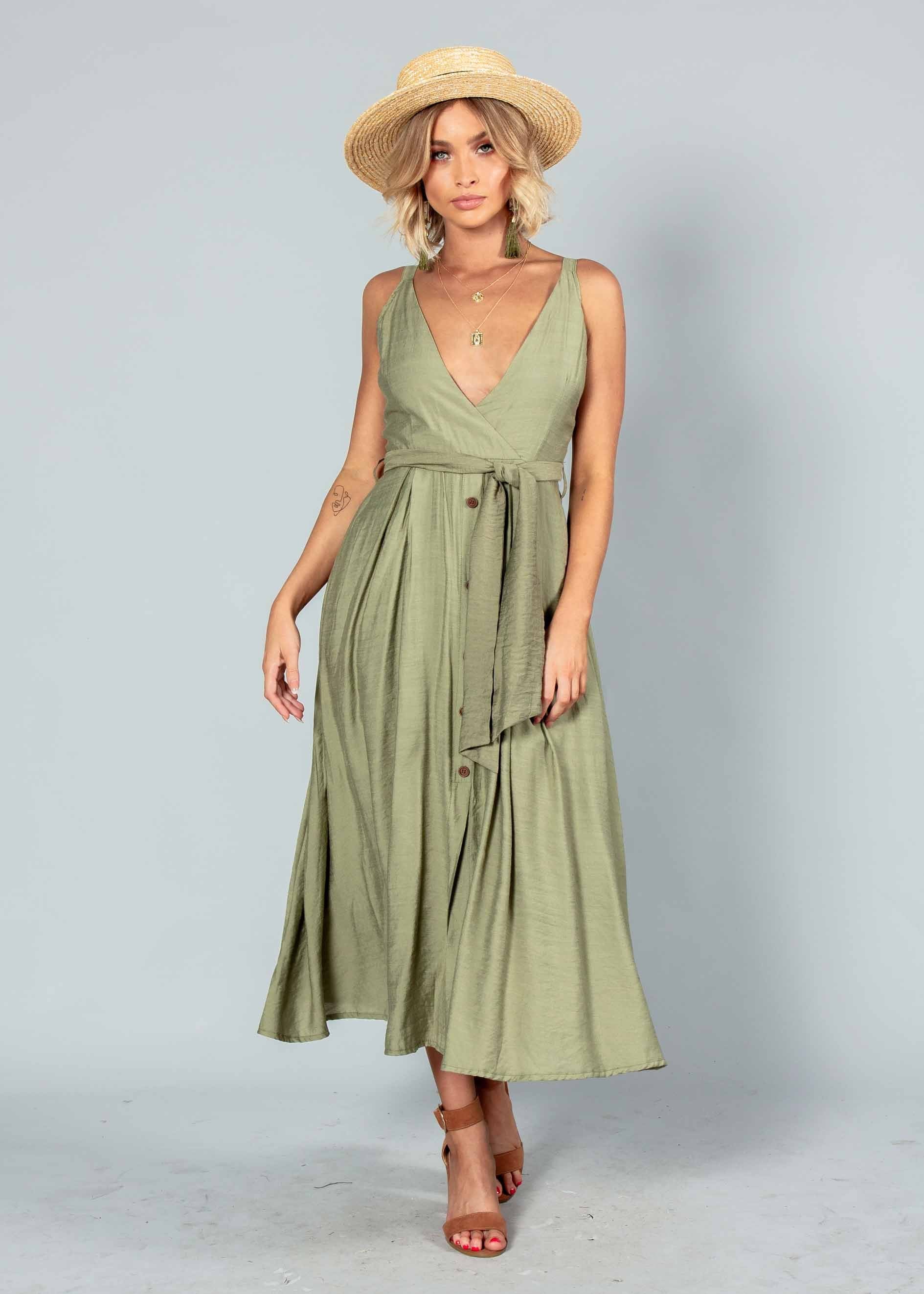 Misty Morning Midi Dress w/ Tie - Khaki