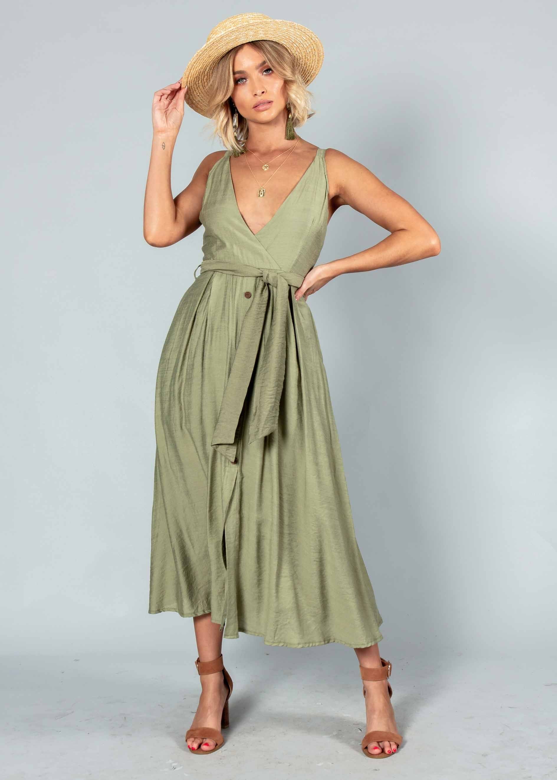 Misty Morning Midi Dress w/ Tie - Khaki