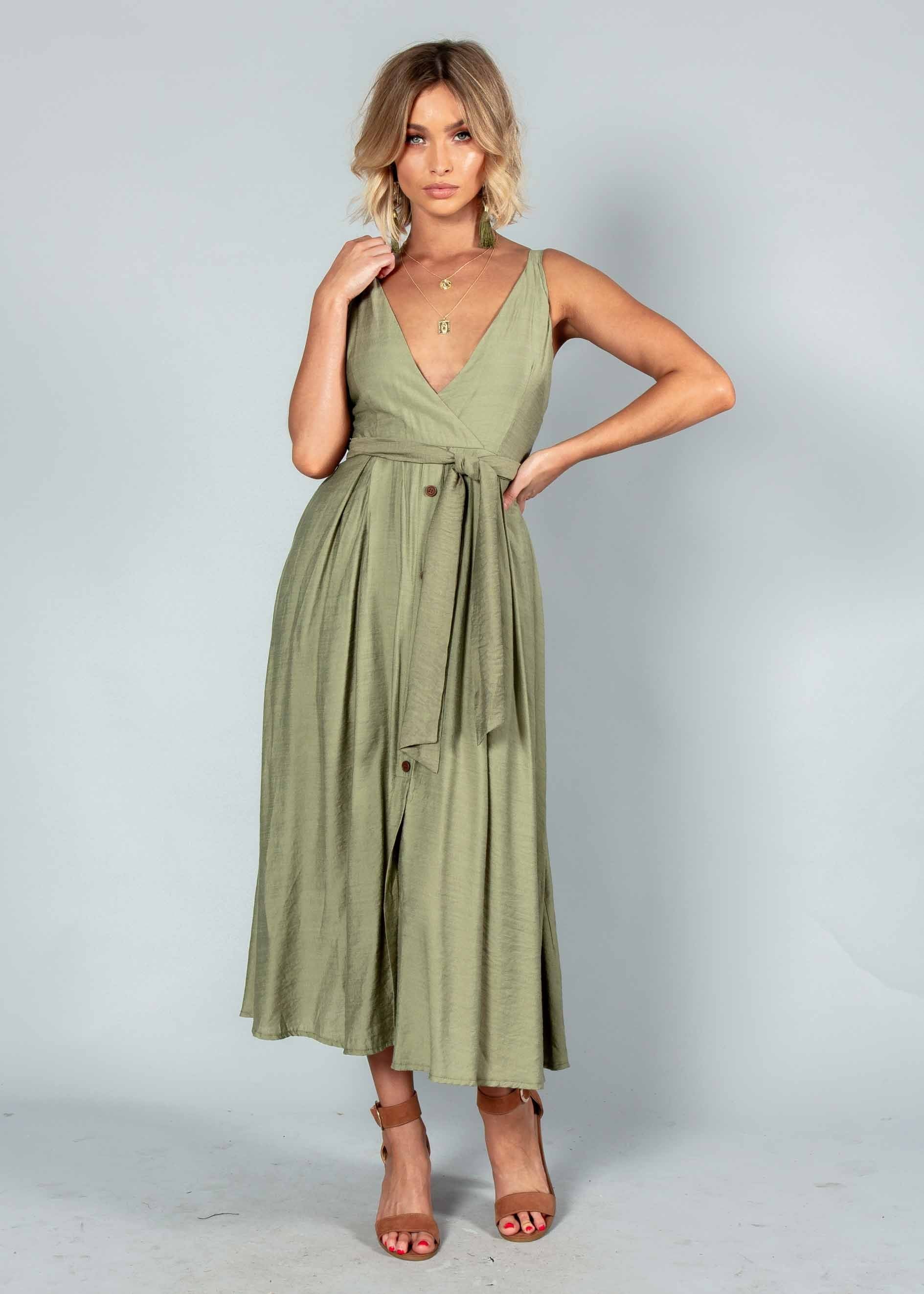 Misty Morning Midi Dress w/ Tie - Khaki