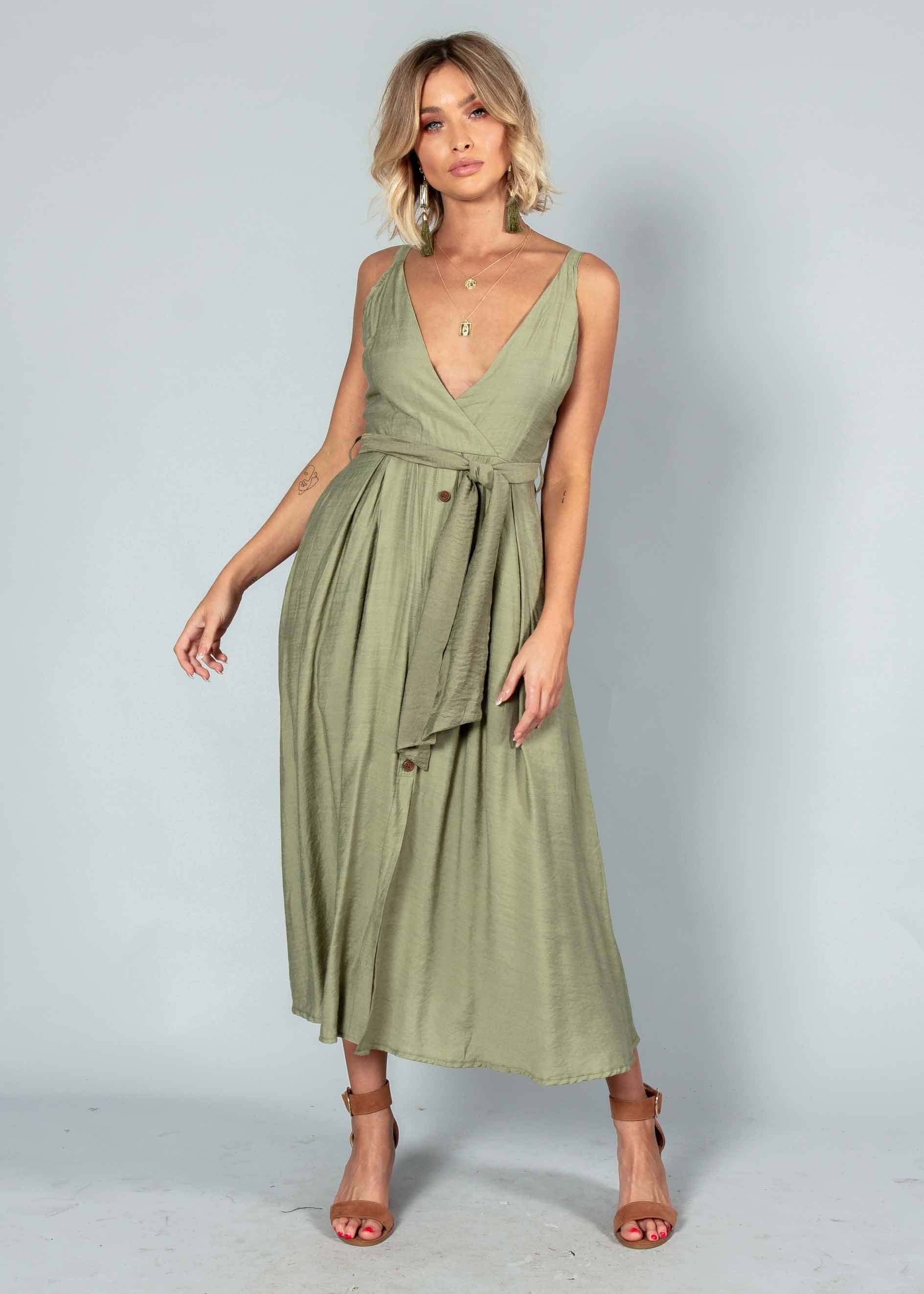 Misty Morning Midi Dress w/ Tie - Khaki