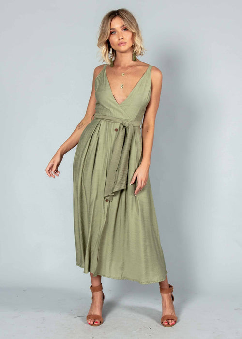 Misty Morning Midi Dress w/ Tie - Khaki