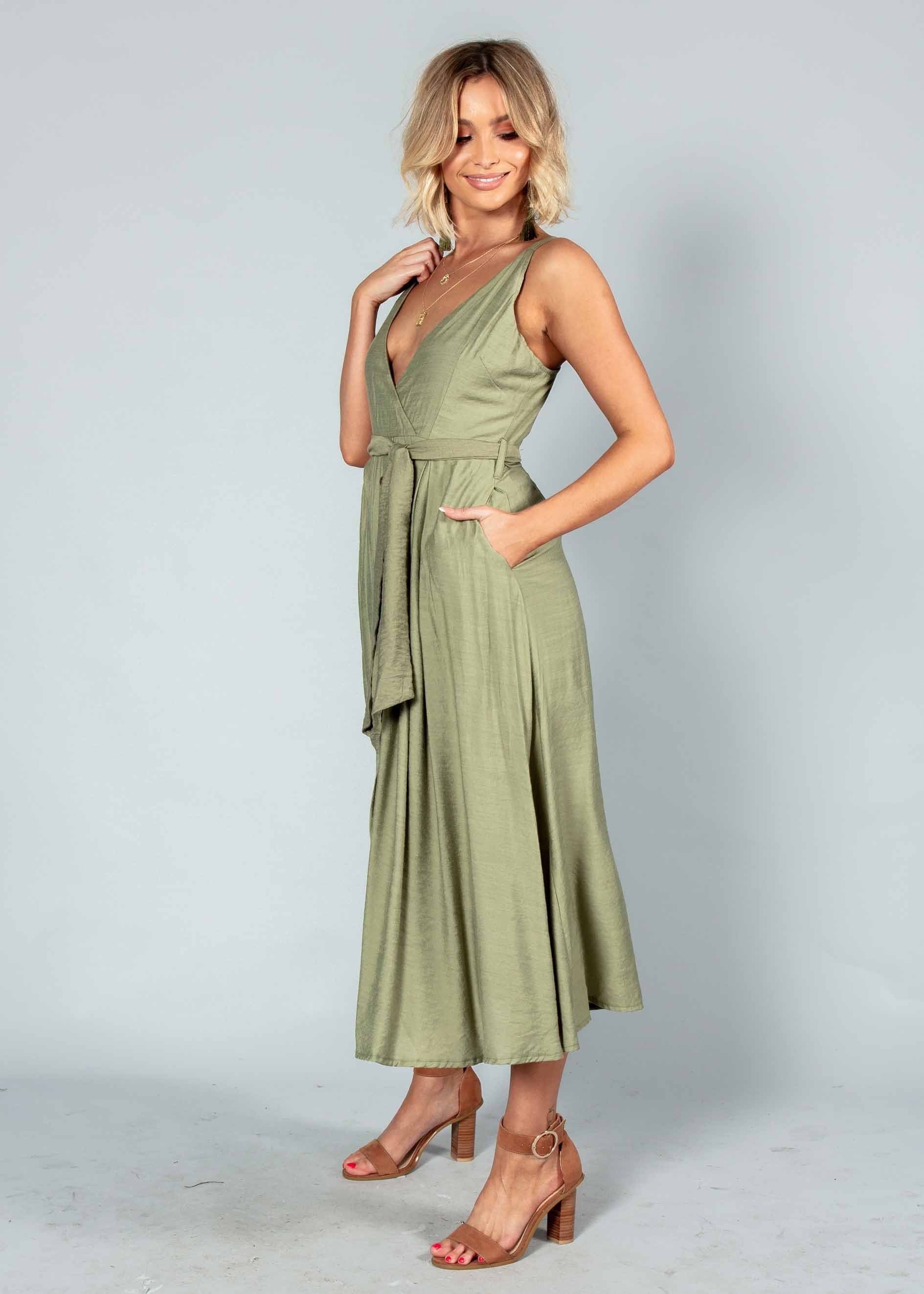 Misty Morning Midi Dress w/ Tie - Khaki