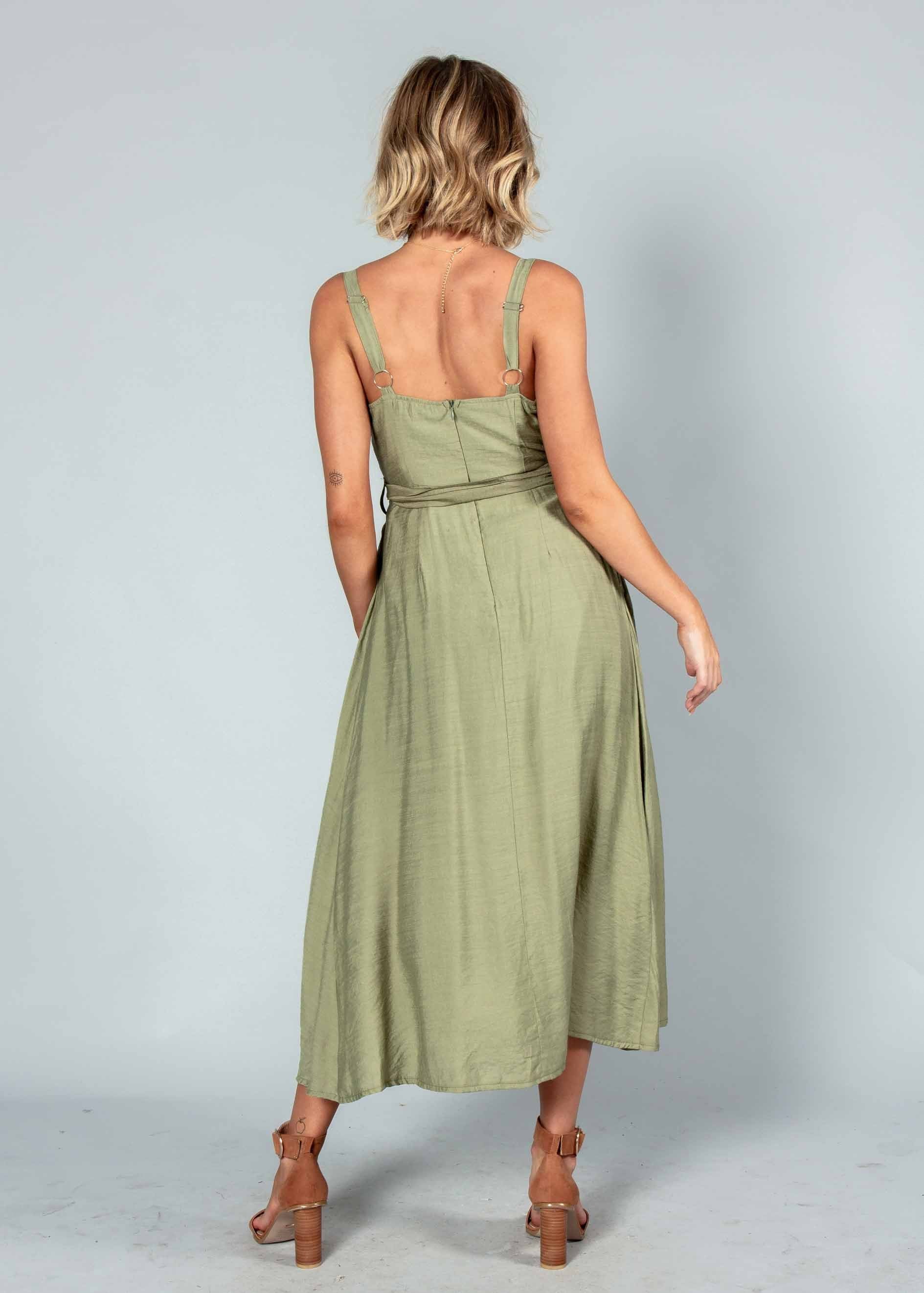 Misty Morning Midi Dress w/ Tie - Khaki