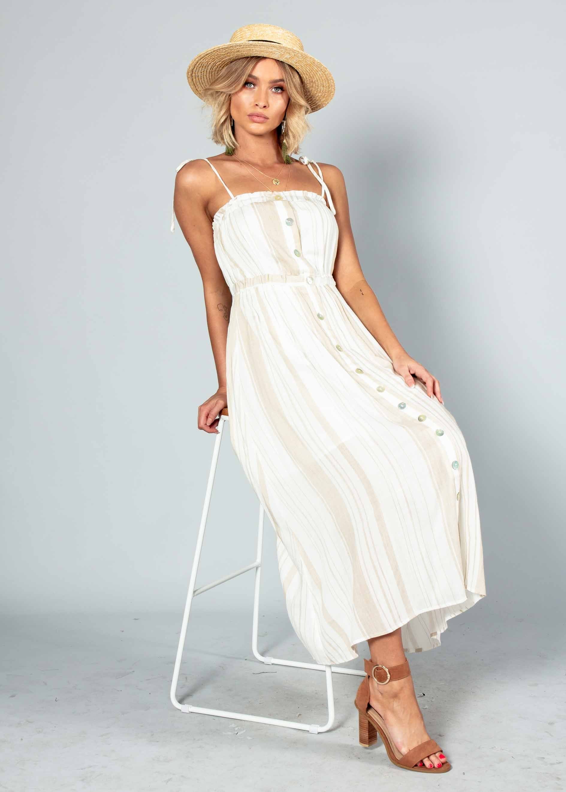 Addilyn Midi Dress - White/Beige Stripe