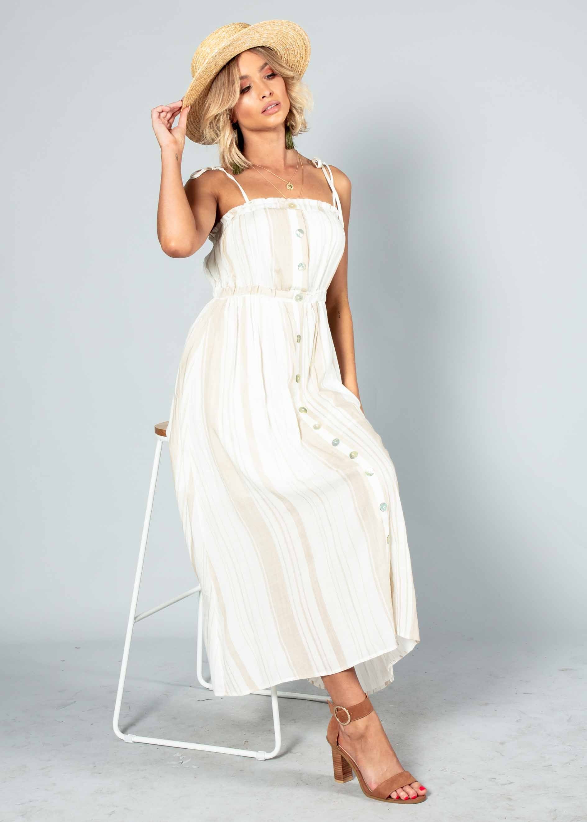 Addilyn Midi Dress - White/Beige Stripe