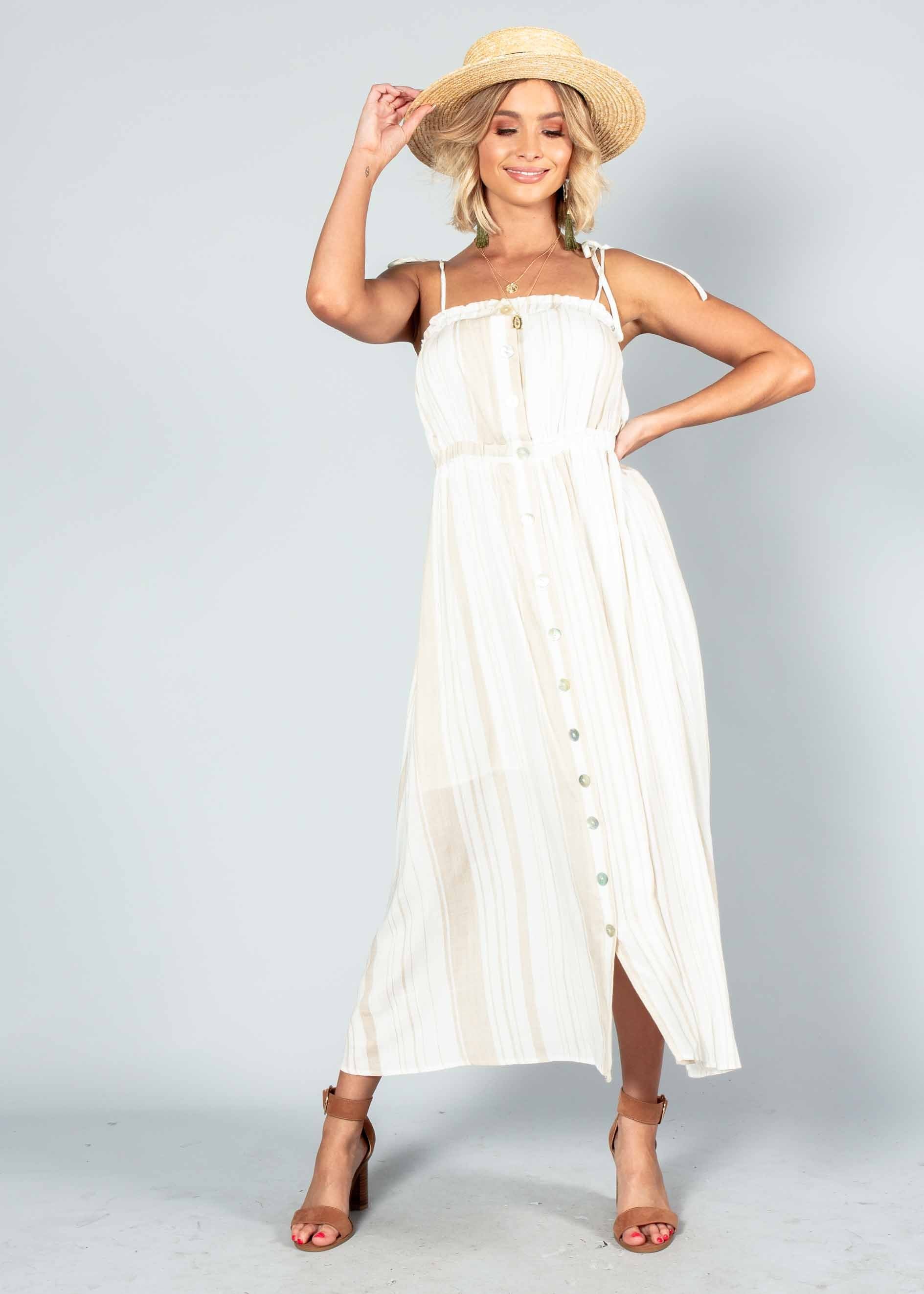 Addilyn Midi Dress - White/Beige Stripe
