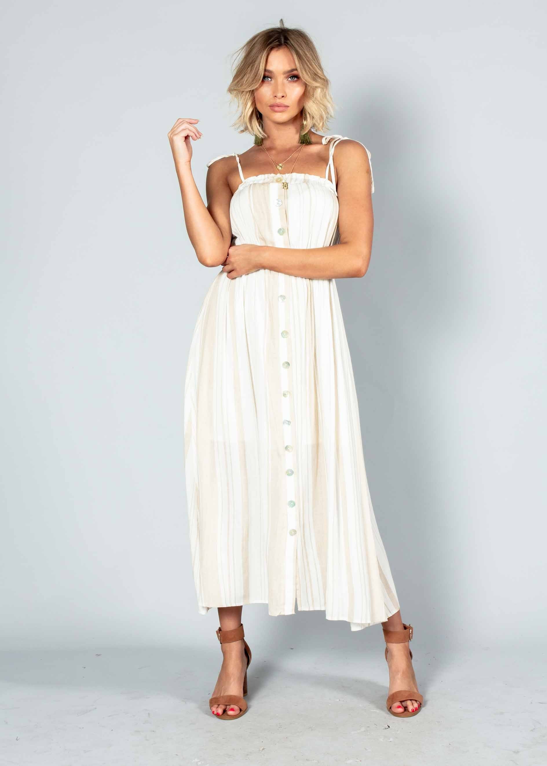 Addilyn Midi Dress - White/Beige Stripe