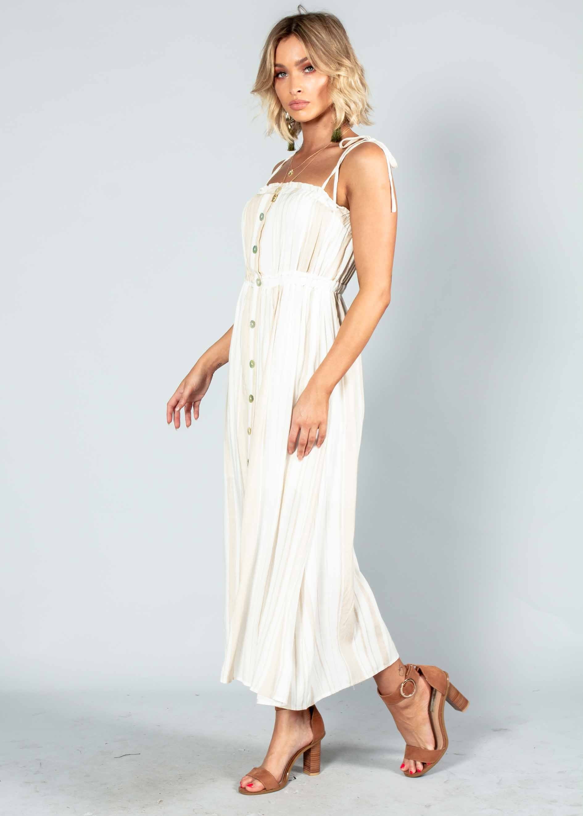Addilyn Midi Dress - White/Beige Stripe