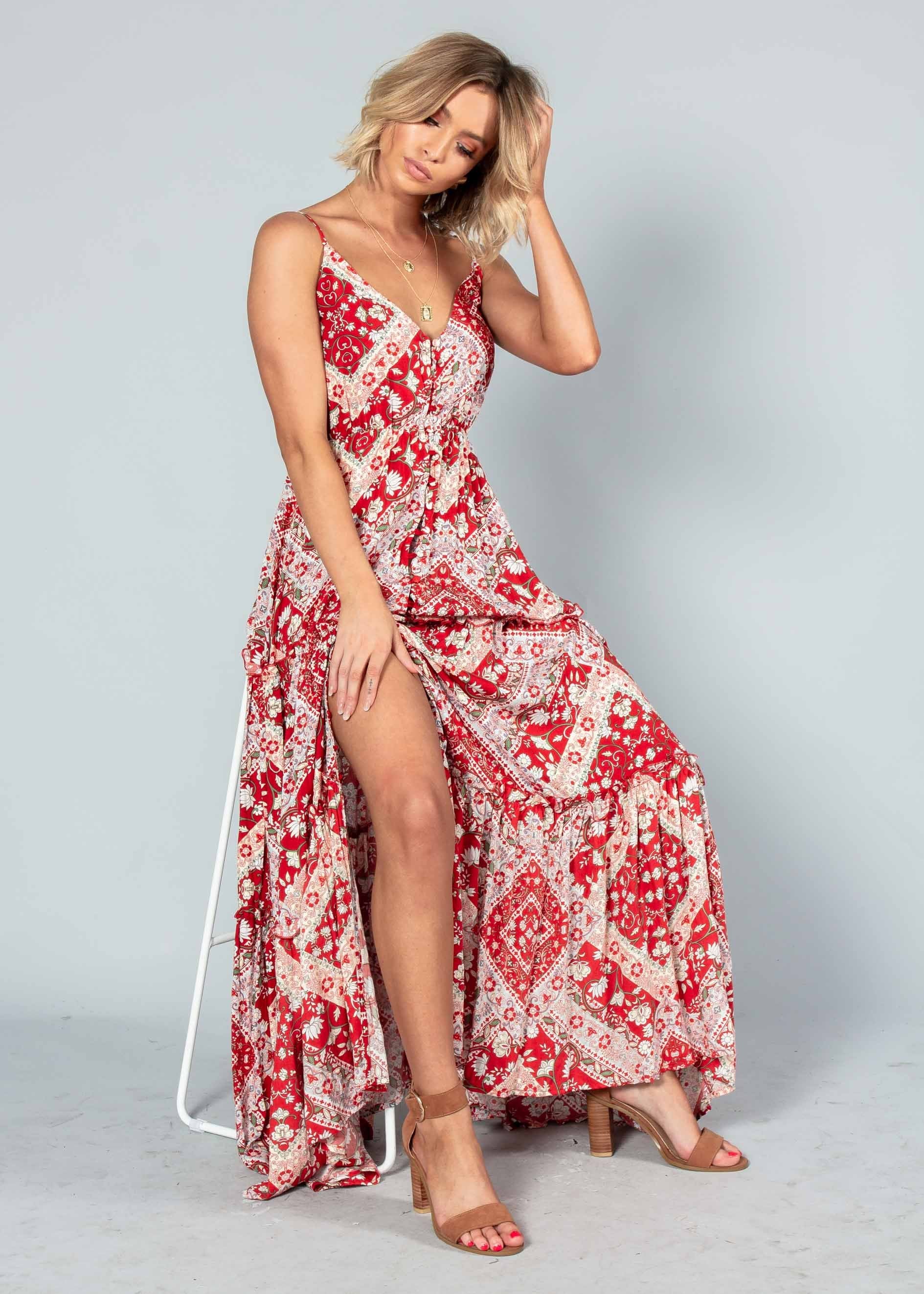 My Imagination Maxi Dress - Red Paisley