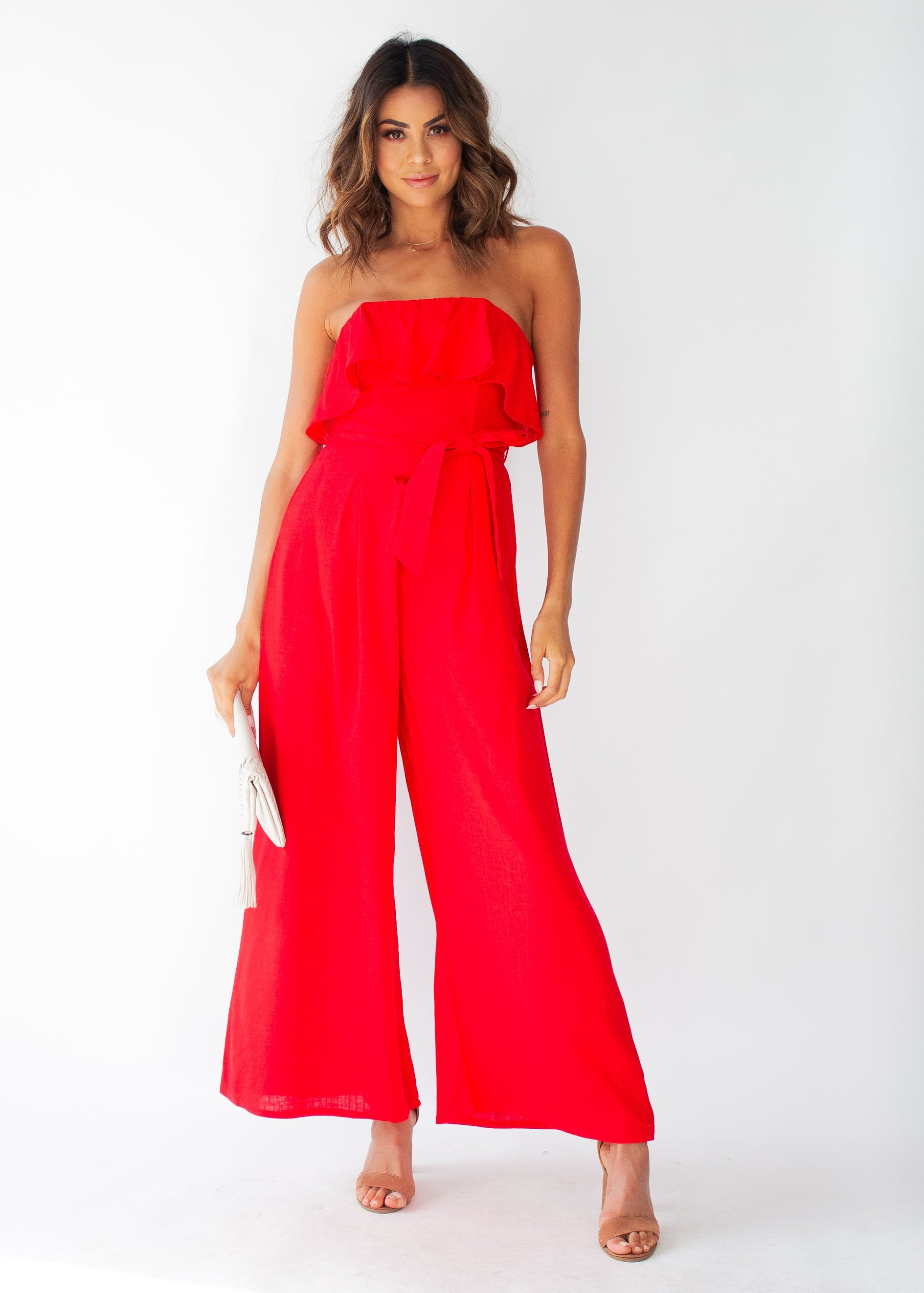 Joslyn Strapless Pantsuit w/ Tie - Red