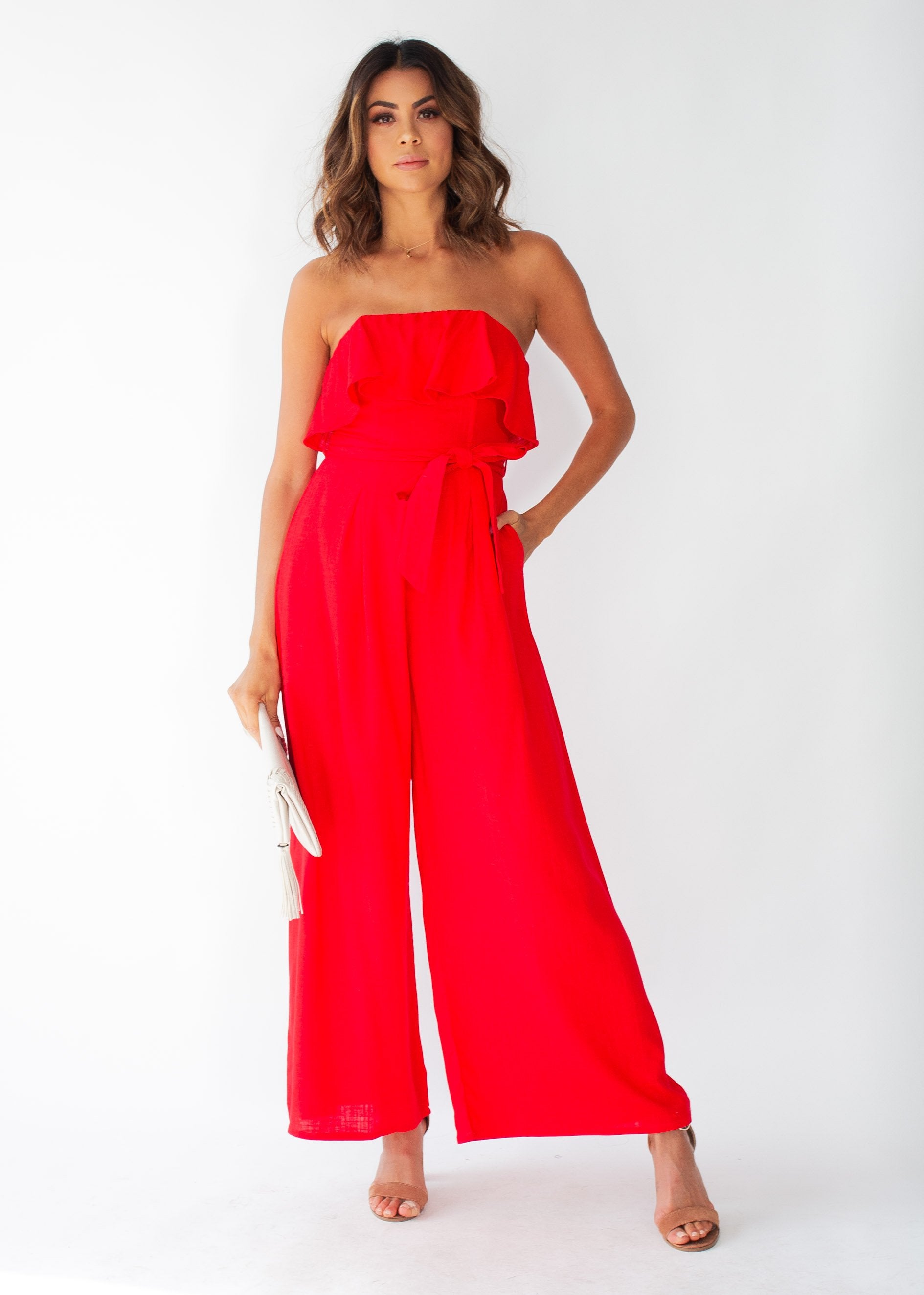 Joslyn Strapless Pantsuit w/ Tie - Red