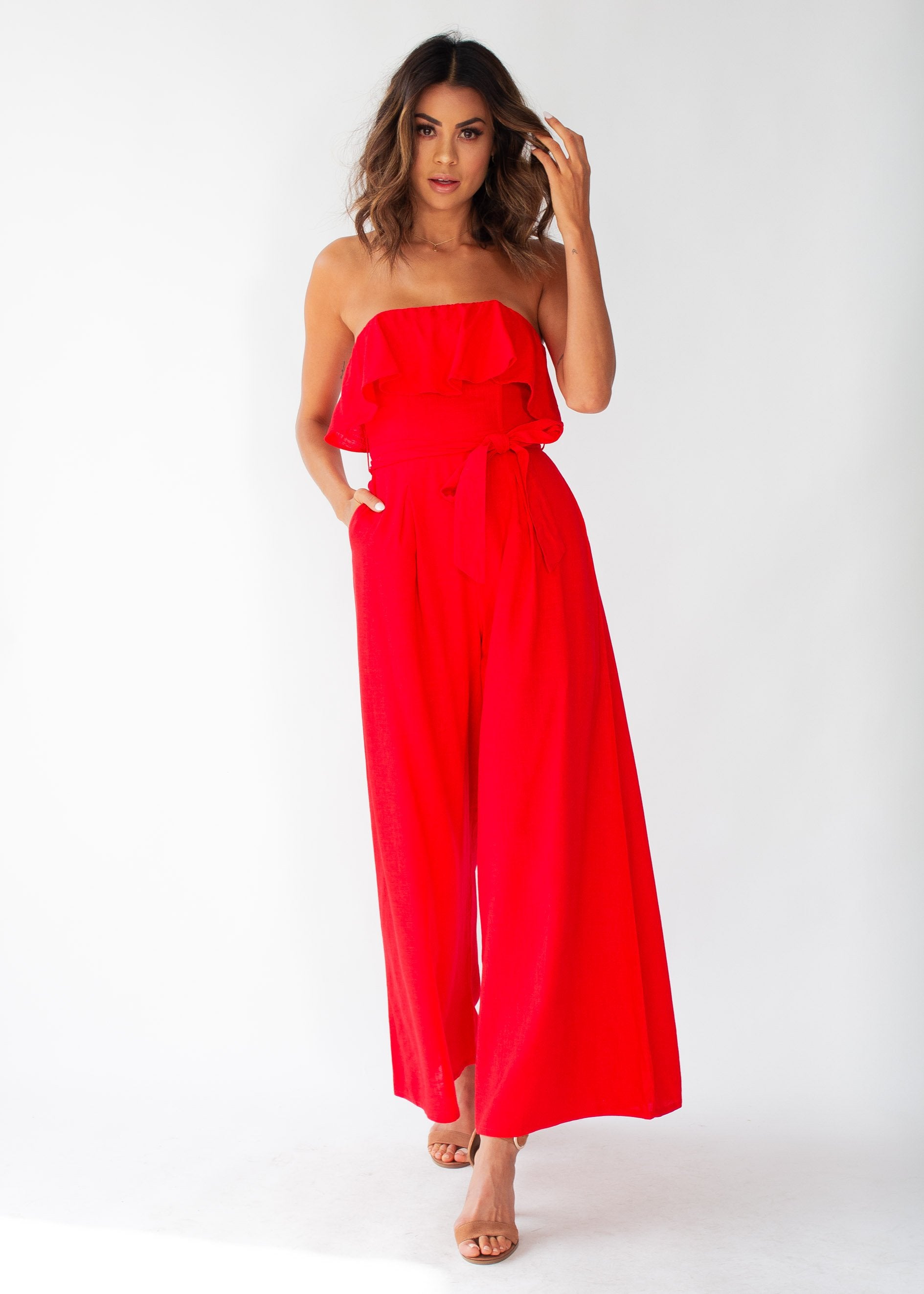 Joslyn Strapless Pantsuit w/ Tie - Red