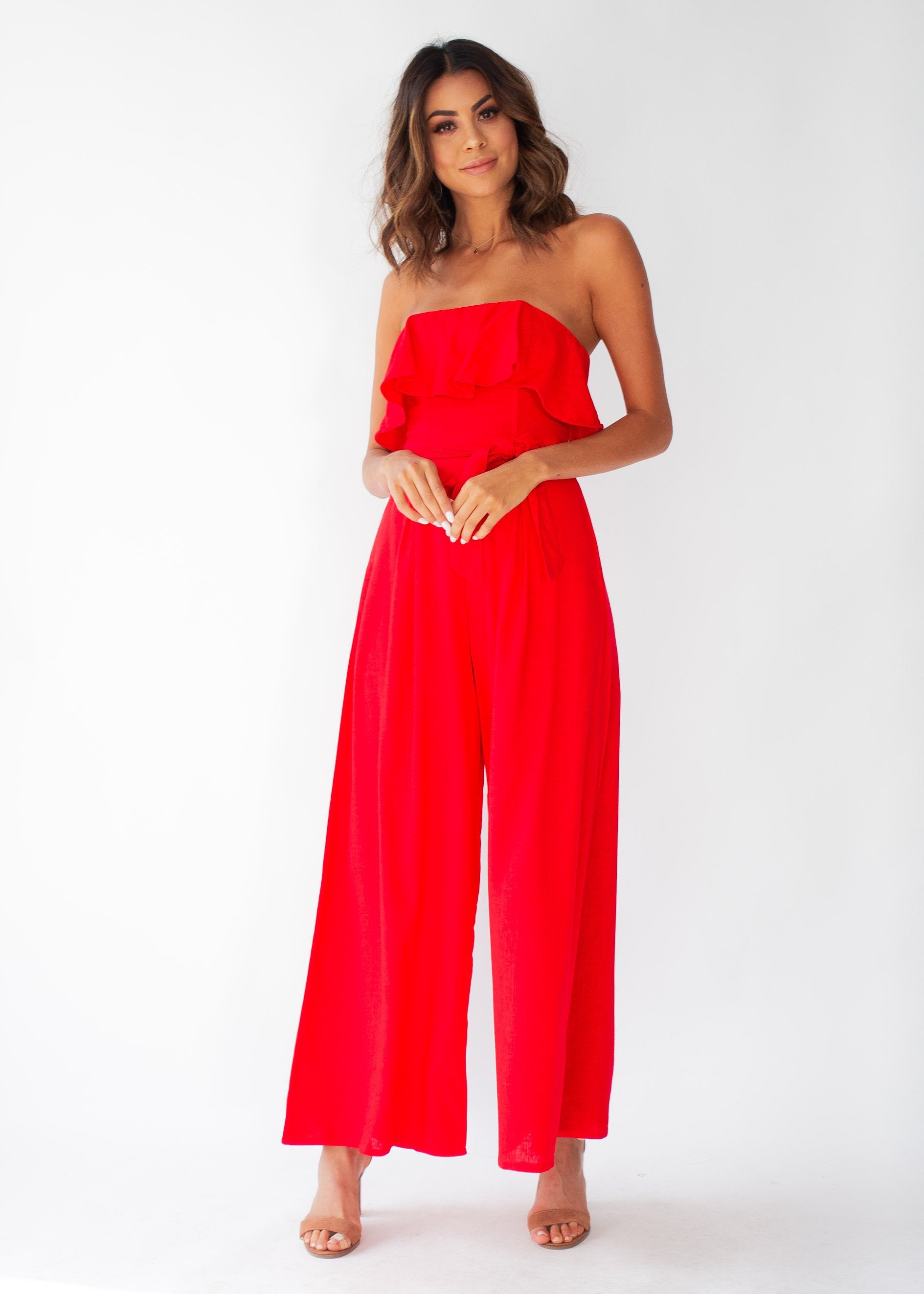 Joslyn Strapless Pantsuit w/ Tie - Red