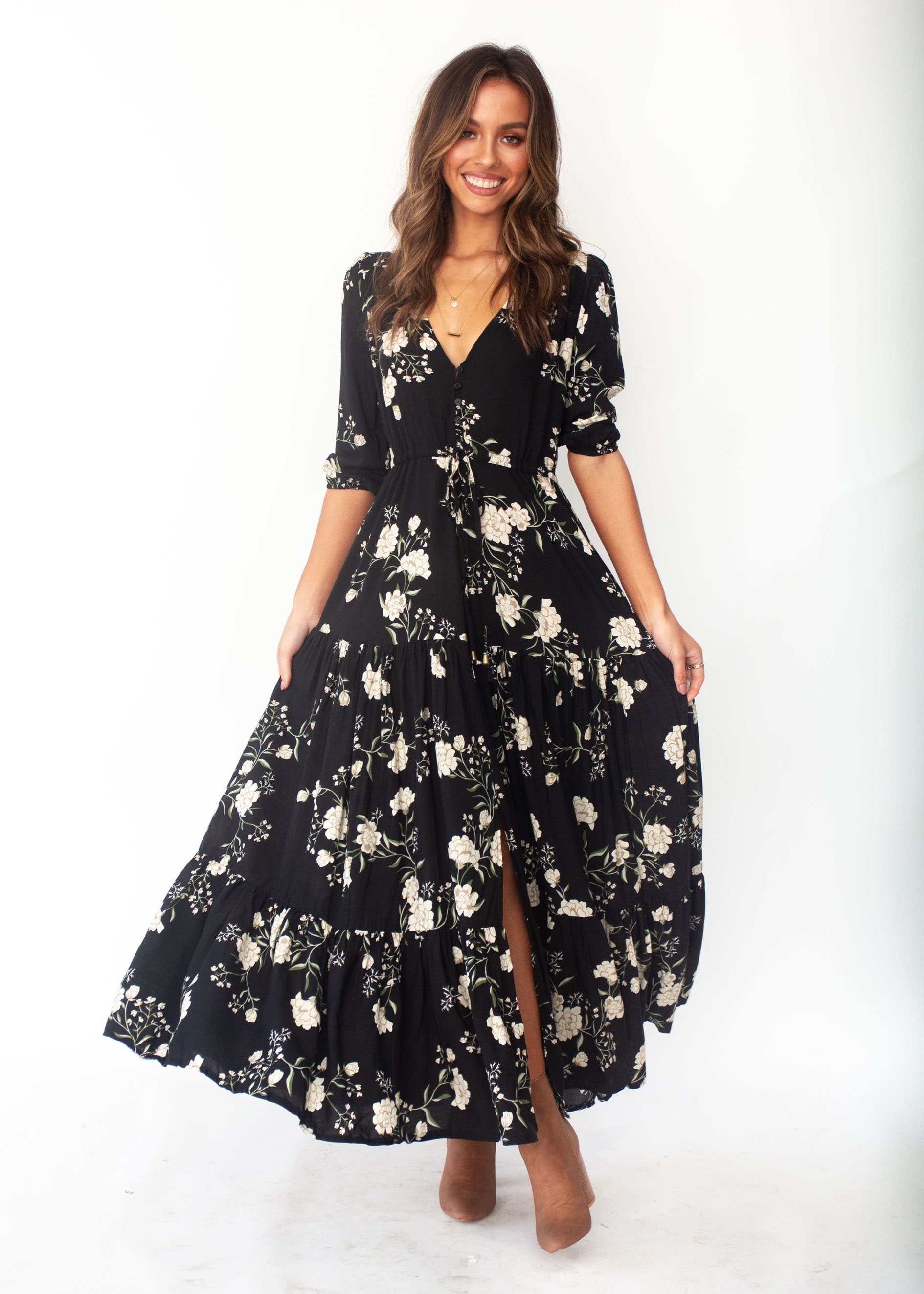 Women's Tessa Maxi Dress - Alliah - Jaase - Black Floral Print